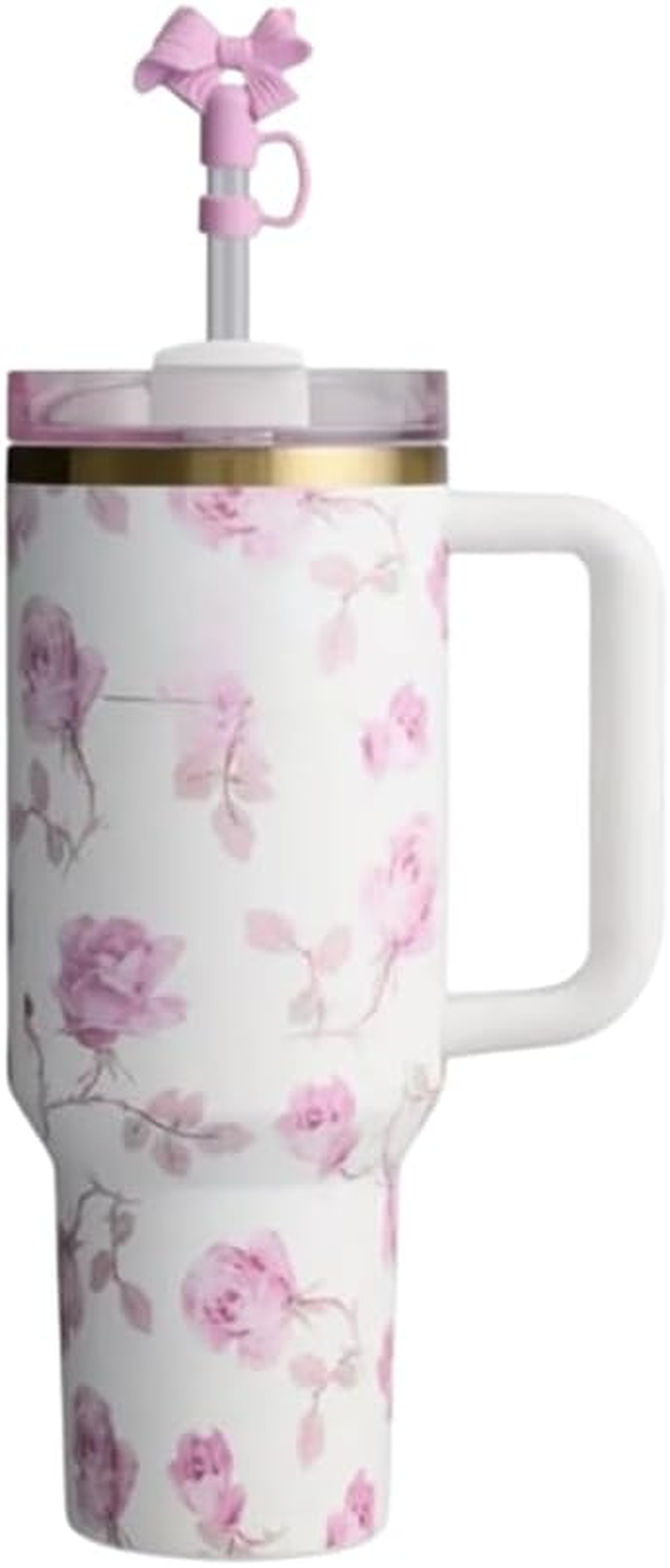 Bliss Gifts & Homewares 40 Oz Floral Insulated Tumblers with Handle & Straw - Stainless Steel, Leak-Proof Lid, Hot & Cold Travel Mug | Love Shake | Gifts for Women & Men (Petal Pink)