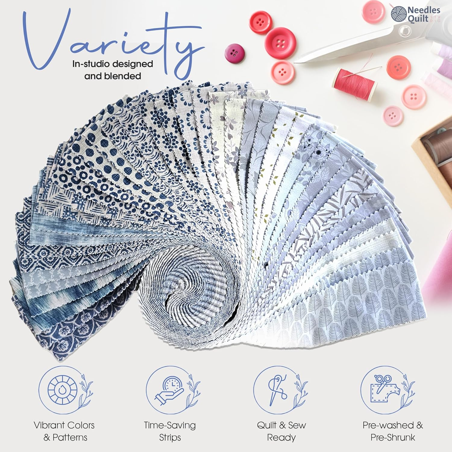 Needles Quilt Studio - 2.5" Precut 40 Fabric Strip Bundle (Scandinavian Cottage) | Cotton Strips Bundles for Quilting - Jelly Rolls for Quilting Assortment Fabrics Quilters & Sewing - Precuts Cloth image number 1