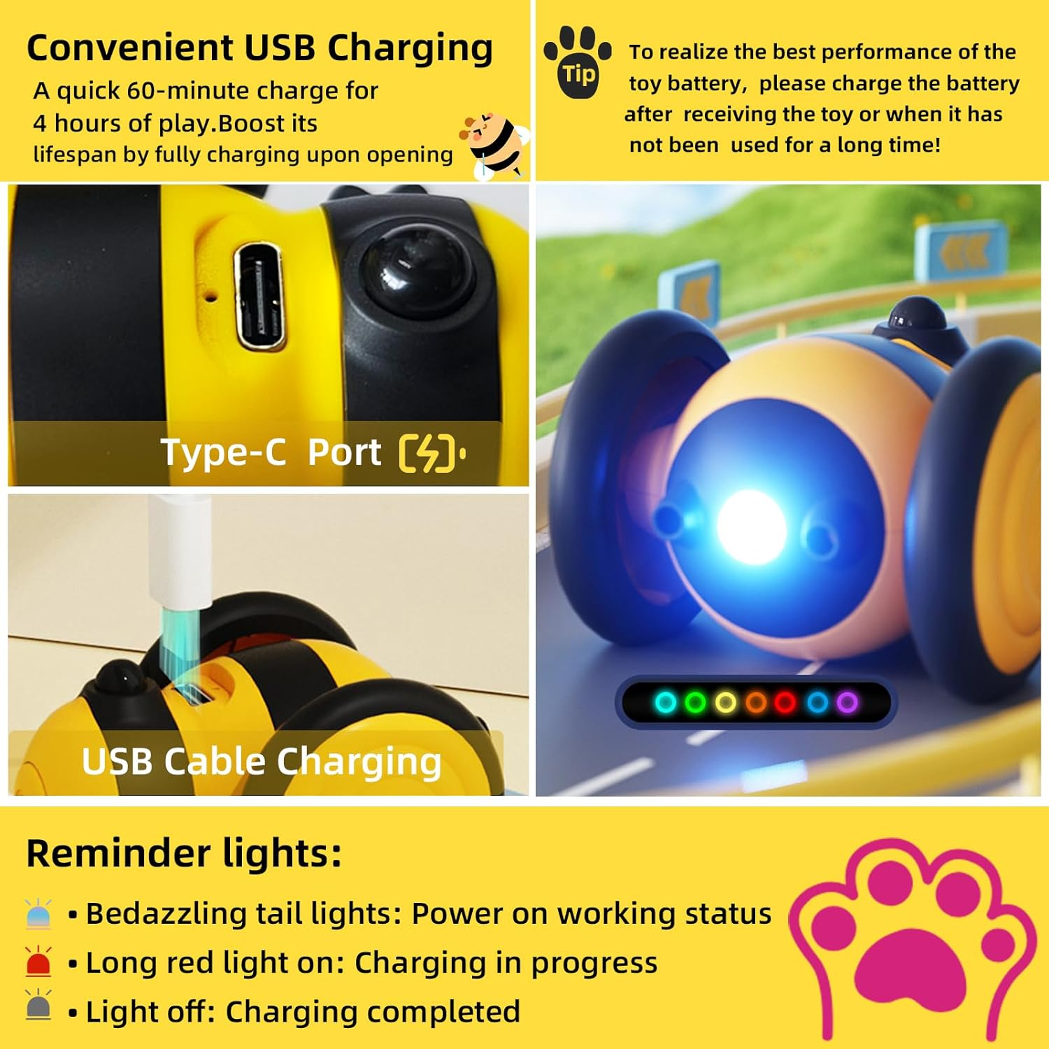 PAWCHIE Interactive Cat Toy Bee - USB Rechargeable with Feather, Intelligent Obstacle Avoidance, 360&deg; Automatic Movement, LED Light for Indoor Cats image number 5