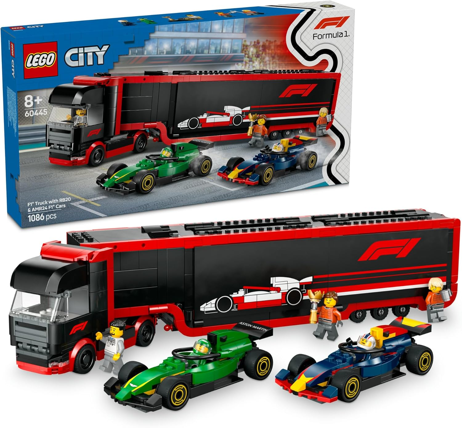 LEGO City F1 Truck with RB20 & AMR24 F1 Cars, Kids Toy for 8+ Year Old Boys & Girls, Formula 1 Toy with Aston Martin and Red Bull Racing Car, Construction Kit with Transporter and 5 Minifigures 60445 image number 2