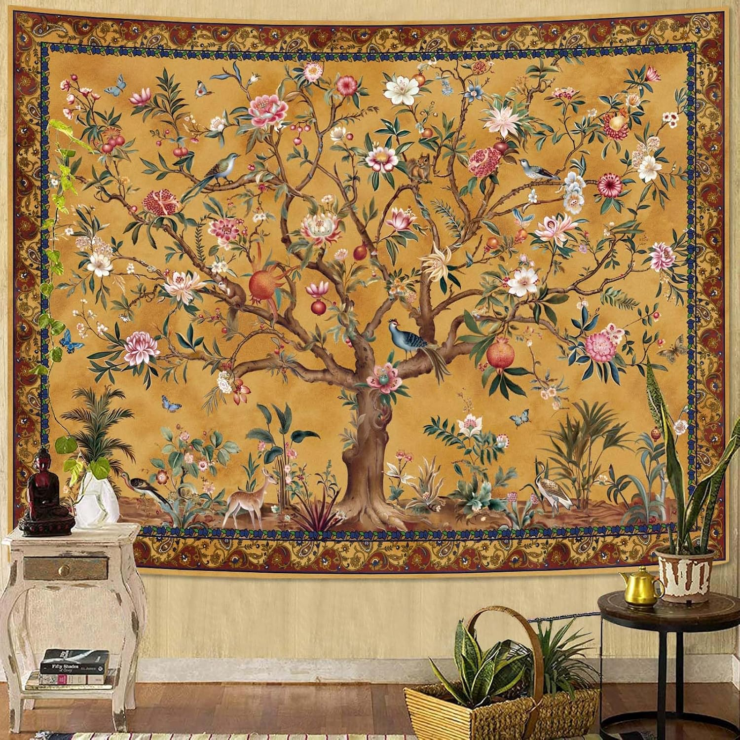 Boho Tree of Life Tapestry, Vintage Flower Leaves Birds Plant Animal Pattern Tapestries, Retro Indian Bohemian Aesthetic Wall Hanging Orange Yellow 36&times;48 Inch