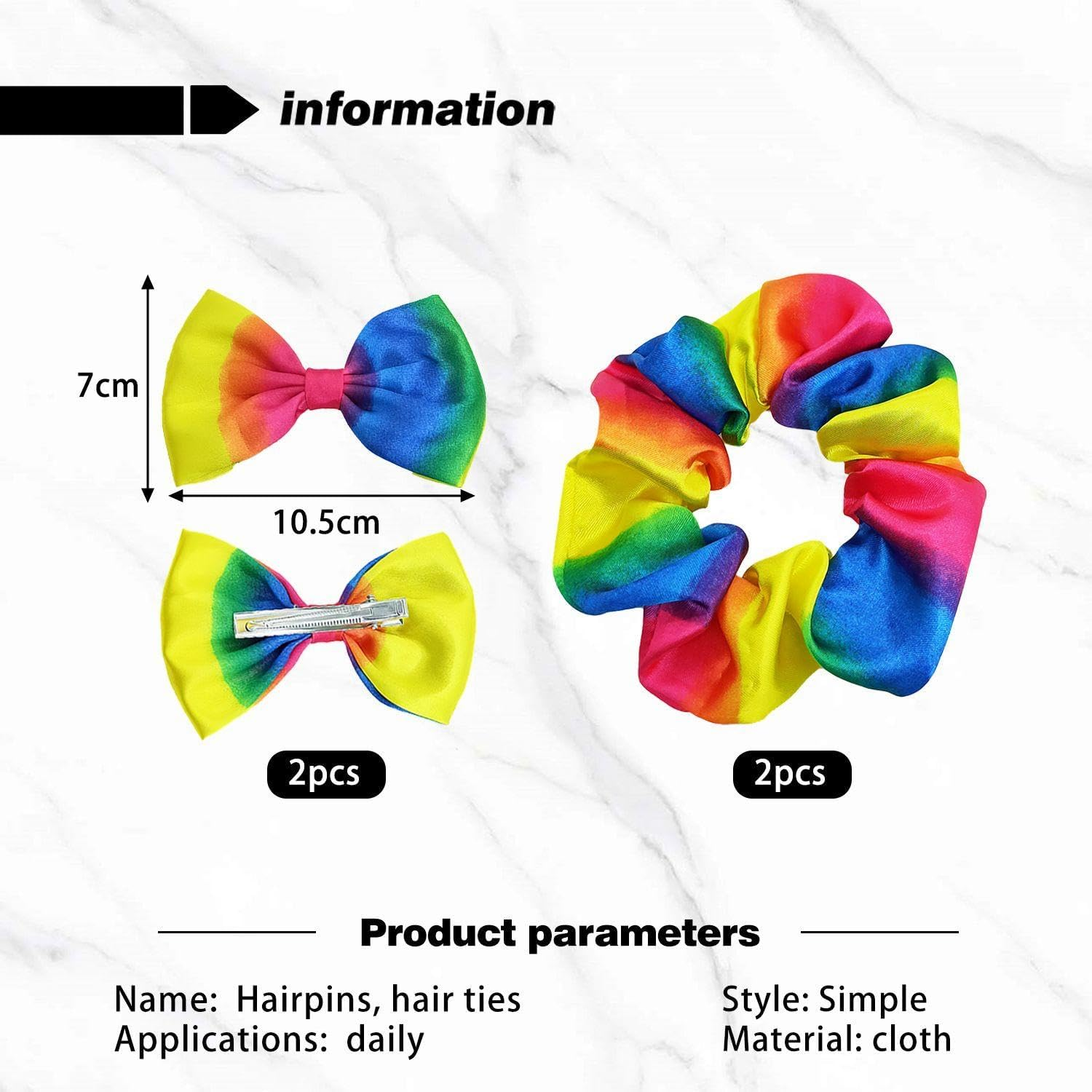 Pack of 2 Hair Bobbles for Girls, 2 Pieces Bow Hair Clips, Ponytail Rainbow Hair Ties, Colourful Hair Bobbles, Elastic Hair Bobbles for Girls image number 5