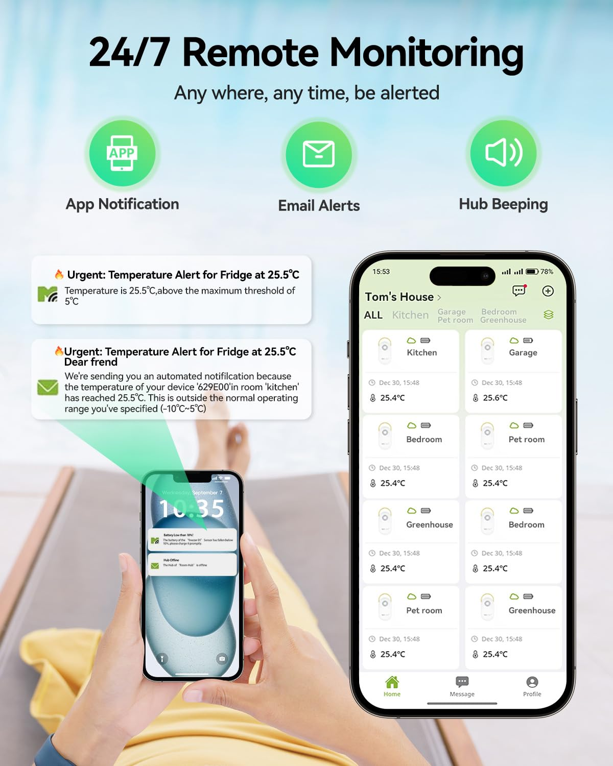 MOCREO Wifi Remote Thermometer Freezer Alarm, 1/3 Mile Long Range, IP66 Waterproof, App Email Alert, with Digital Monitor Hub, 2 Smart Wireless Temperature Sensors for Fridge, RV, Greenhouse image number 1