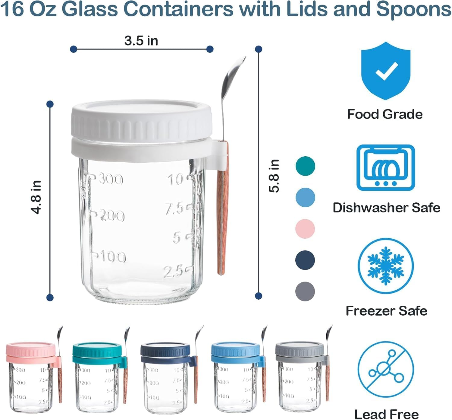 6 Pack Overnight Oats Containers with Lids and Spoons, 16 Oz Mason Jars with Removable Separate Compartments, Airtight and Leak-Proof Glass Jars for Chia Pudding, Yogurt, and Oatmeal image number 2