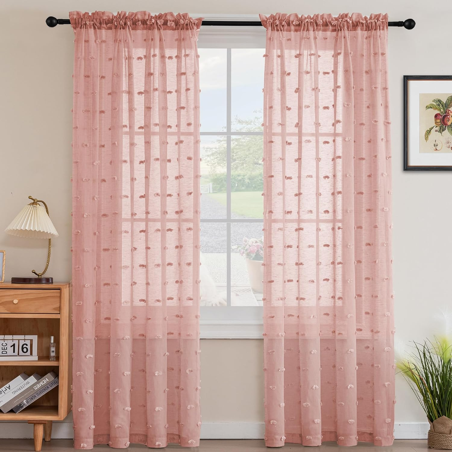 Smarcute Pom Pom Linen Textured Sheer Curtains for Bedroom Light Filtering Semi Sheer Rod Pocket Curtain & Drapes for Living Room, Nursery Room, Set of 2 Panels, (Coral Pink, 132 X 160 Cm)
