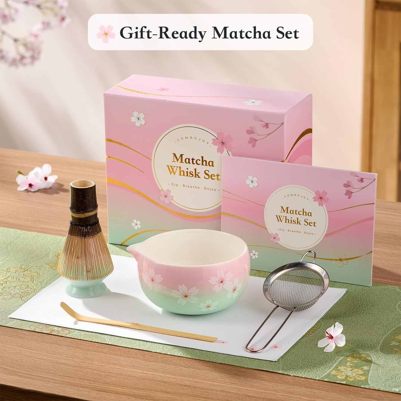 Combojoy Matcha Whisk Set &ndash; Japanese Tea Ceremony Kit with Ceramic Bowl, Purple Bamboo Whisk (Chasen), Holder, Sifter & Scoop &ndash; Complete Matcha Kit, Women Gifts for Tea Lovers image number 3