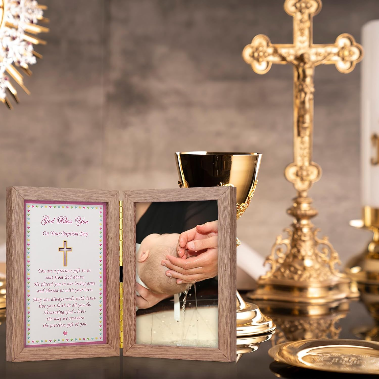 Baby Baptism Picture Frame - Baptism Photo Frame for Girl,Baby Keepsake Photo Frame,Christening Gifts for Girls,With Warm and Touching Blessing of Words"God Bless You " Double Frame (4 X 6 Inches)