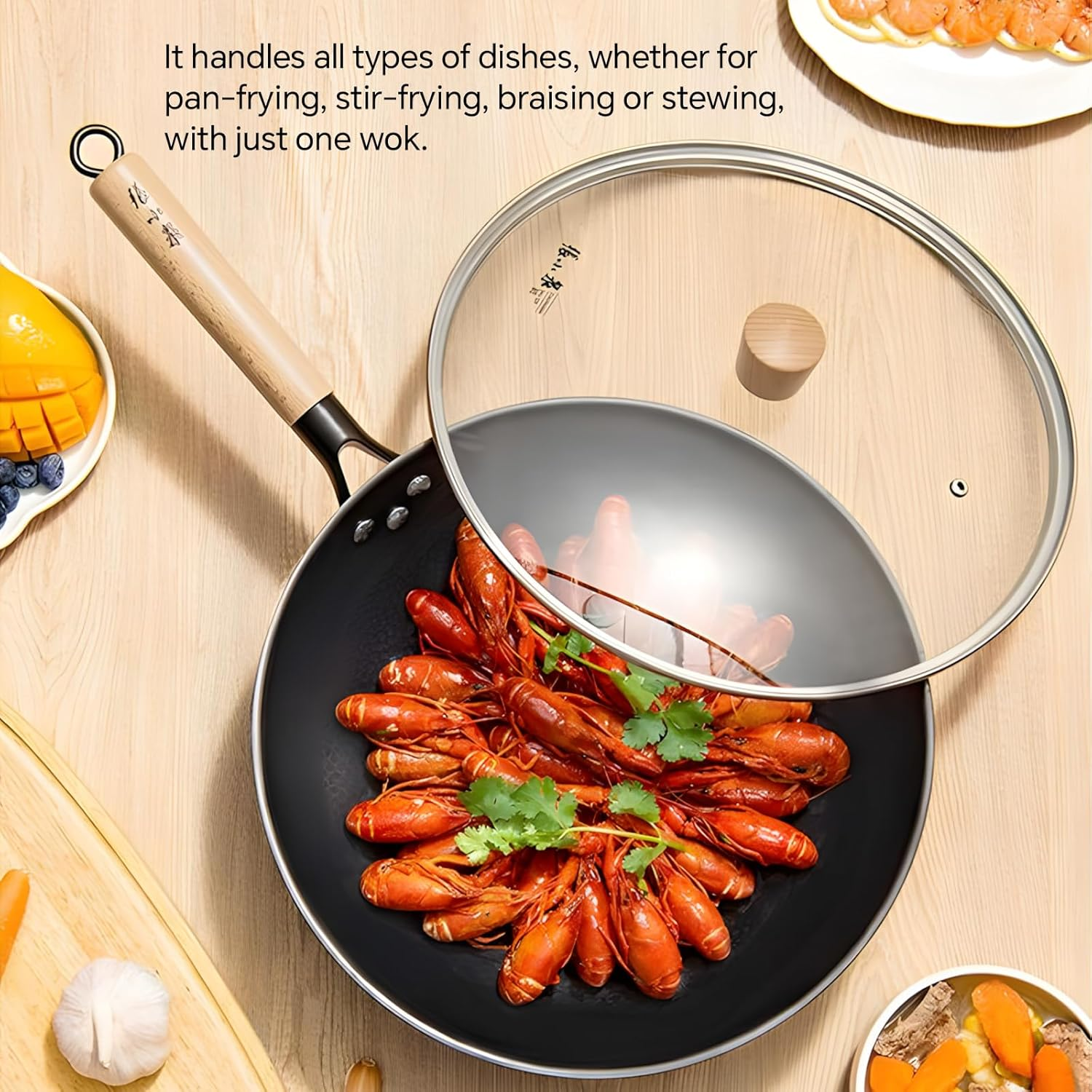 ZHANG XIAO QUAN since 1628 Carbon Steel Wok with Glass Lid - Hammered for Natural Non-Stick, Anti-Rust Nitride Cookware, round Bottom Chinese Wok Pan for Gas Stoves & Stir Fry (30Cm/12) image number 1