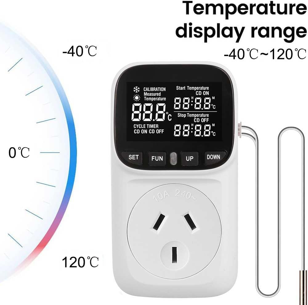 2400W Digital Temperature Controller Plug in Thermostat Outlet Digital RV Thermostat Heating Cooling Mode Timer Socket 10A /240V Heating Cooling Control -40℃~120℃ with 2.0M Sensor image number 5