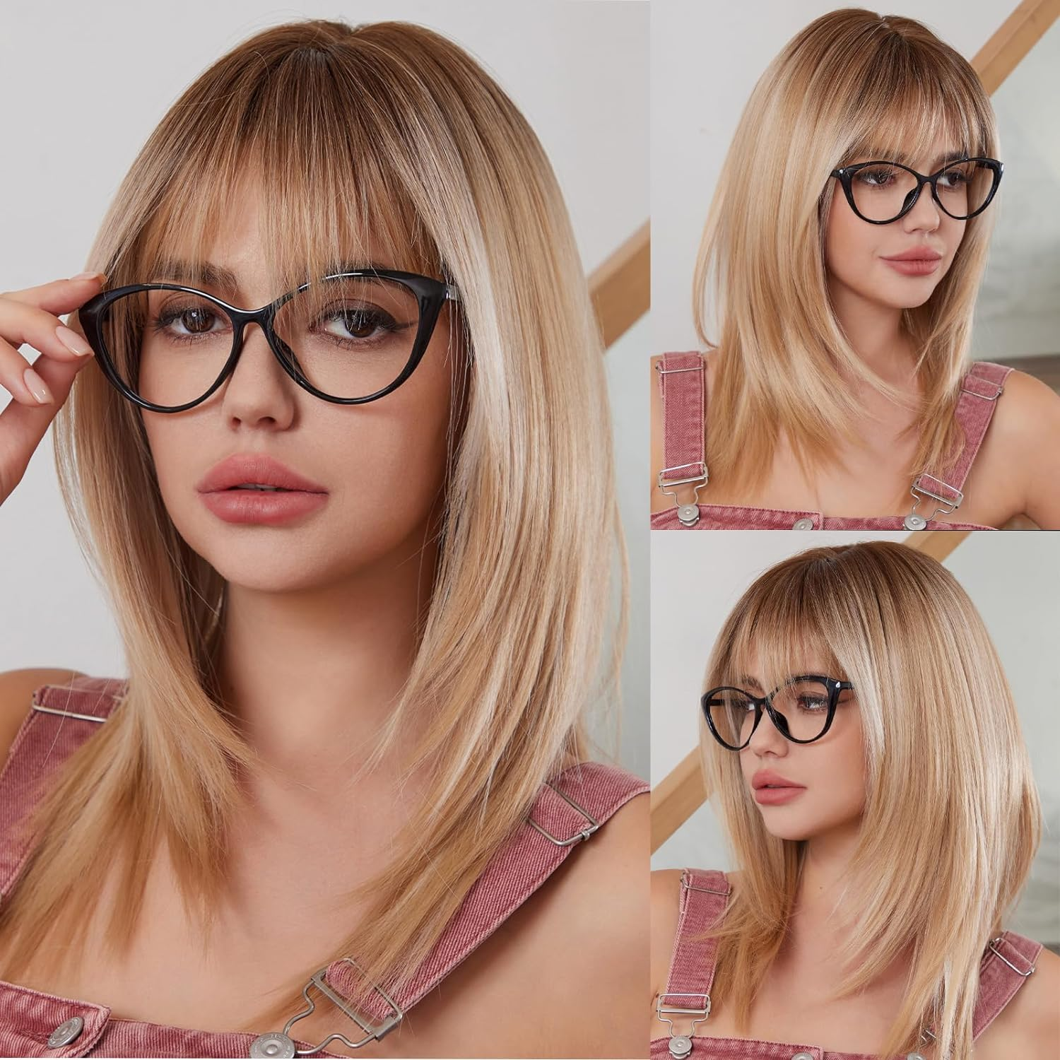 WOKESTAR Long Straight Wigs for Women with Fringes, Layered Synthetic Blonde Colour Wigs for Women