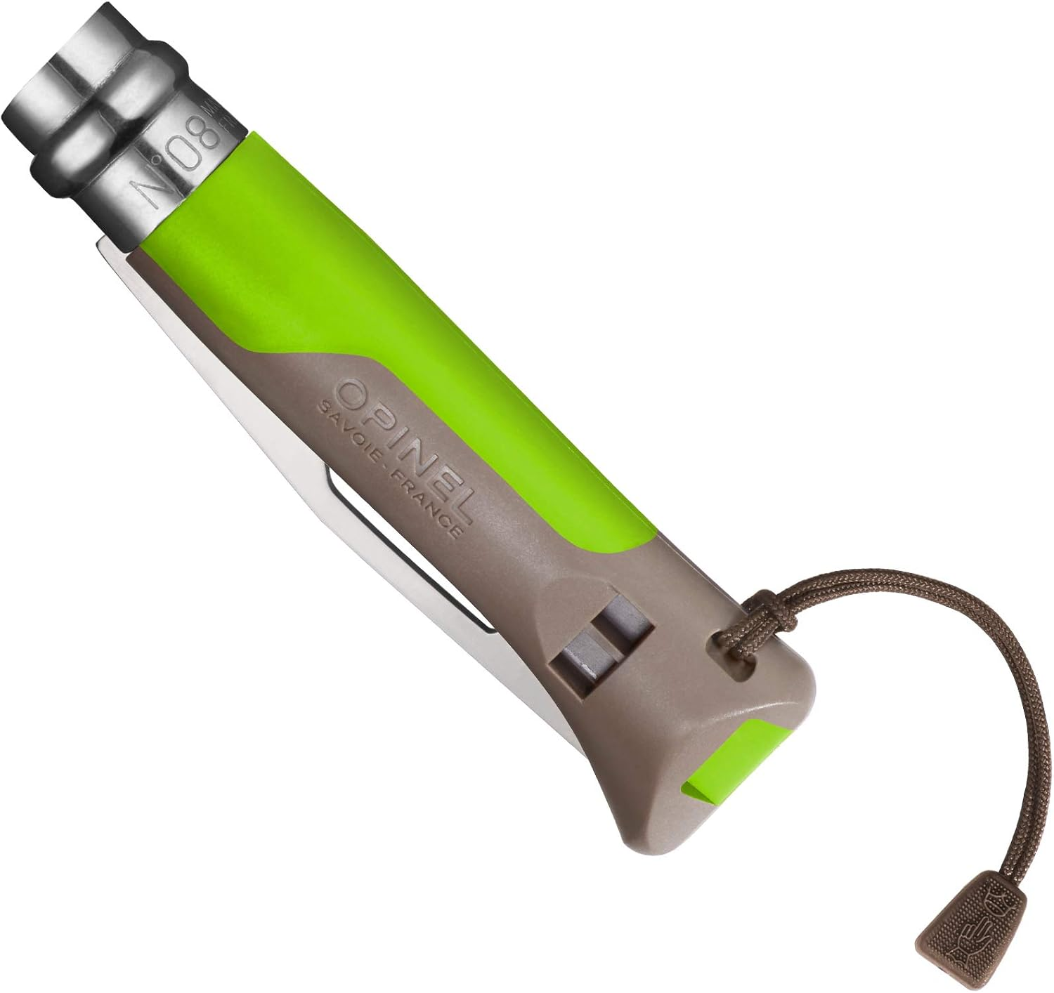 Opinel No. 08 Outdoor Folding Knife + Multitool - Partially Serrated Stainless Steel Blade, Nonslip Handle, Survival Whistle, Shackle Key