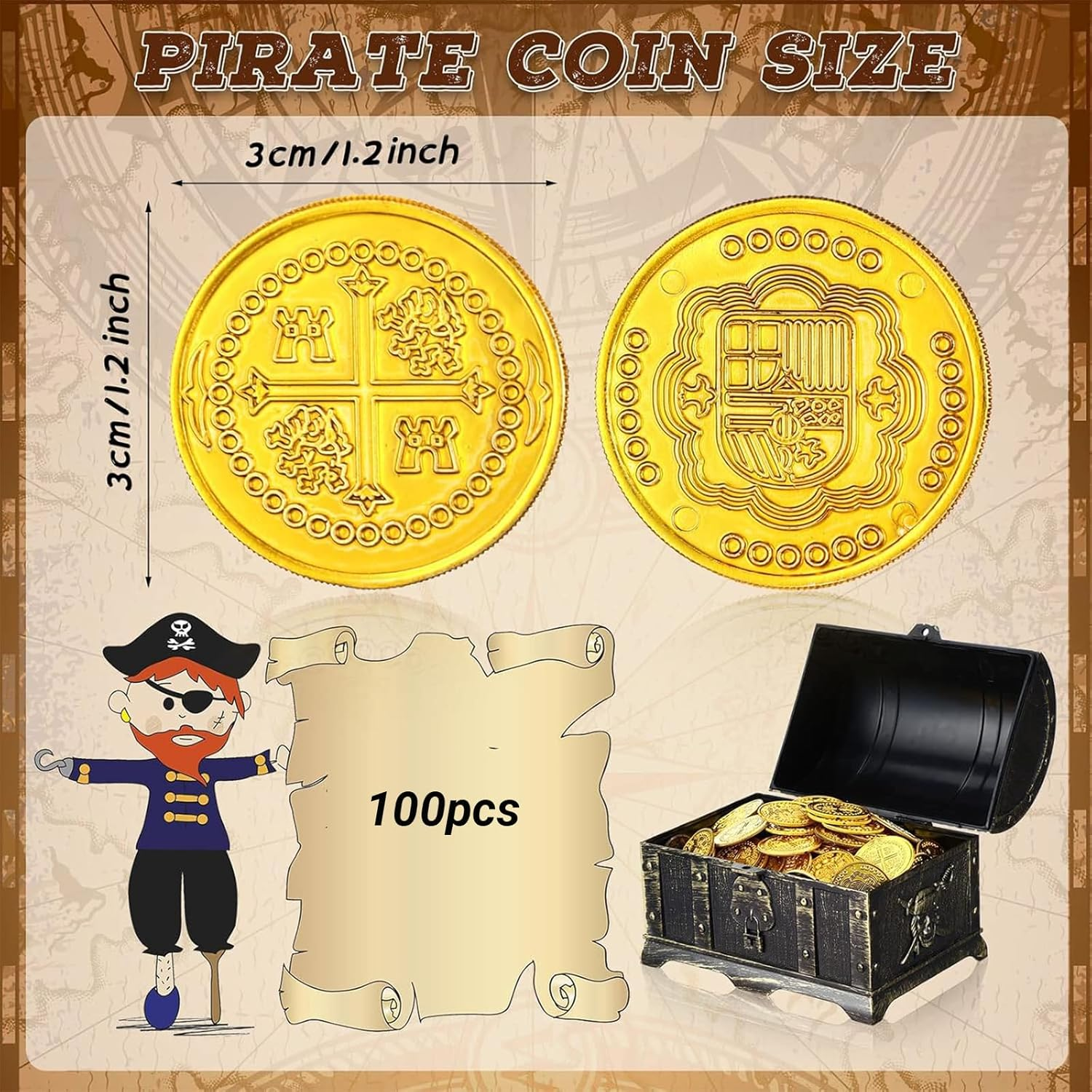 JOWILIN Pirate Coins Set, 100 Pcs Plastic Pirate Gold Coins, Treasure Hunt Coins, Fake Pirate Coins for Pirate Adventure Themed Supplies, Birthday Party Props, Pirate Party Favors image number 4
