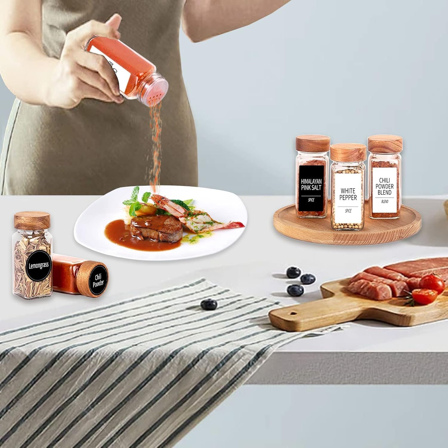 24Pcs Spice Jars,Glass Spice Jars with Labels,120 ML Square Spice Containers with Acacia Wood Lids,Kitchen Spice Jars with Shaker Lids for Spice Rack, Cabinet or Drawer