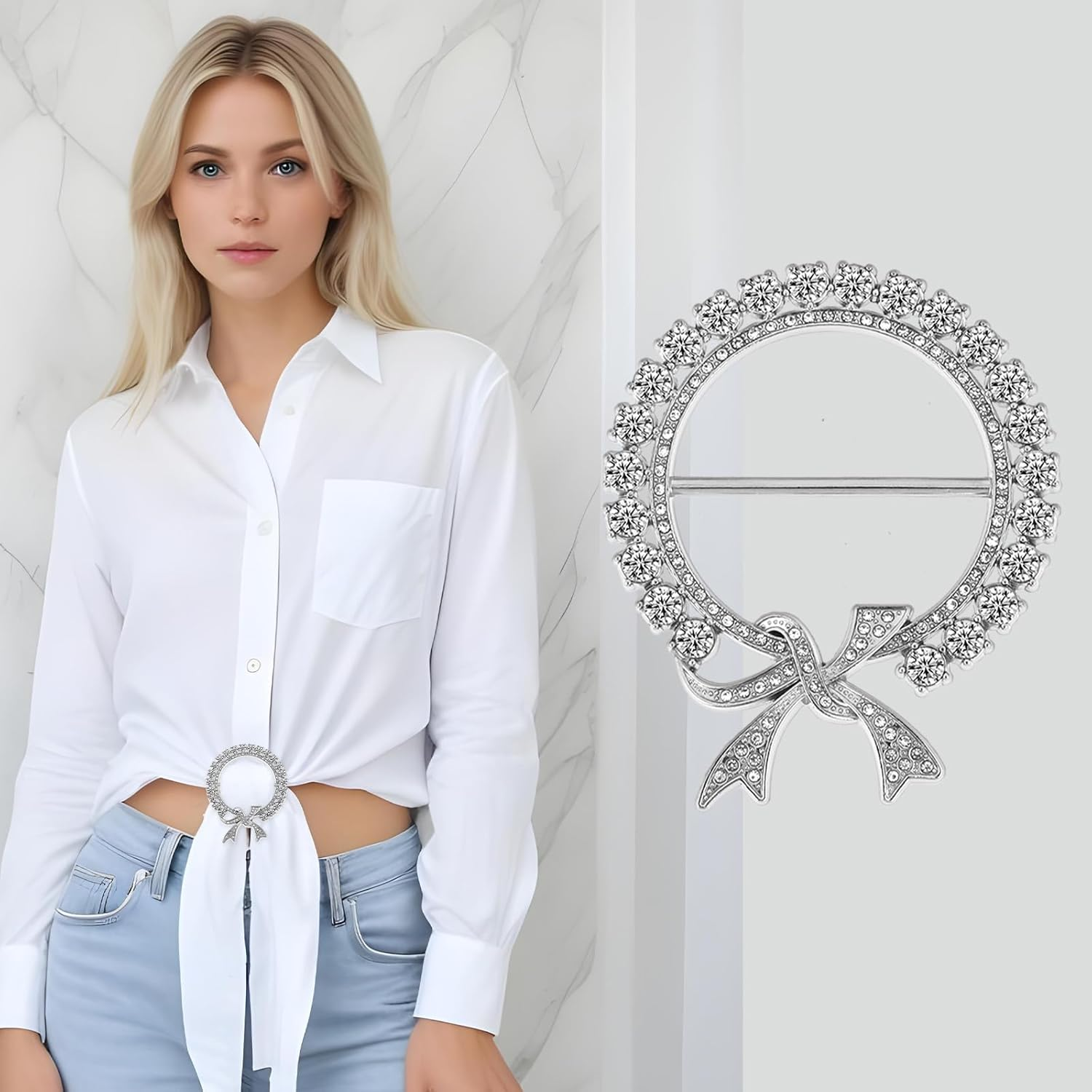 6PCS Silk Scarf Ring Silver Zinc Alloy T-Shirt Tie Clips, Elegant Scarves Waist Cinchers Clasps Rhinestone Clothing Wrap Holder, round Shirt Clips Tightener for Women Loose Tshirt Clothes Scarf image number 5