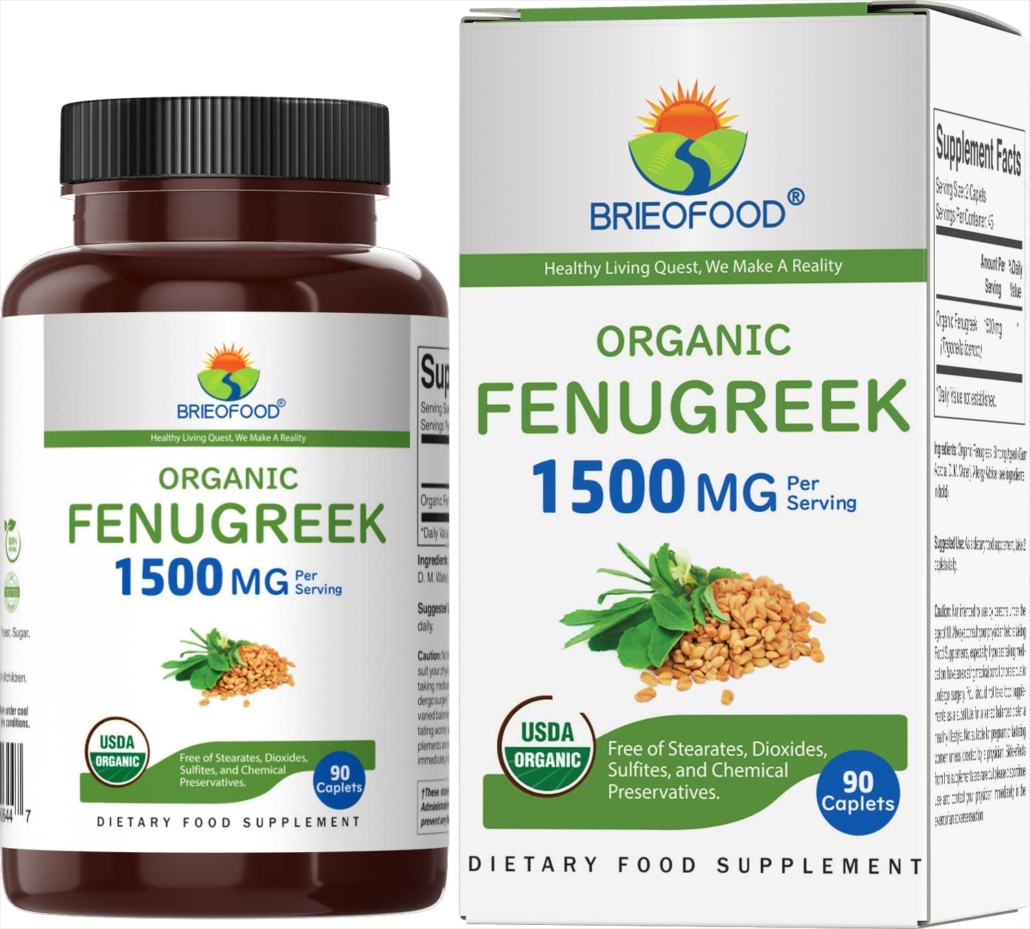 Brieofood Organic Fenugreek 1500Mg, 45 Servings, Vegetarian, Gluten Free, 90 Vegetarian Tablets image number 1