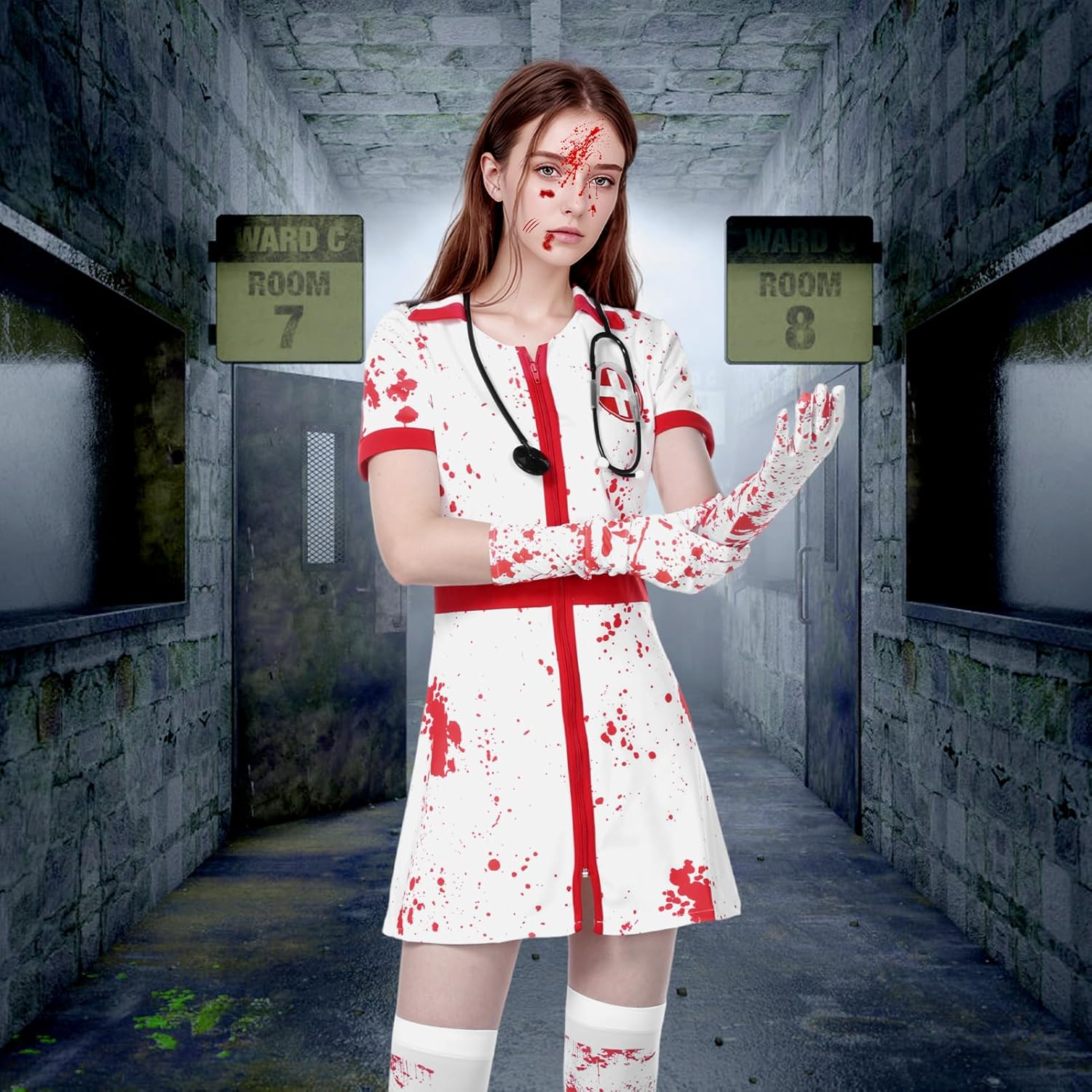 Halloween Bloody Nurse Dress with Hat Costume image number 3
