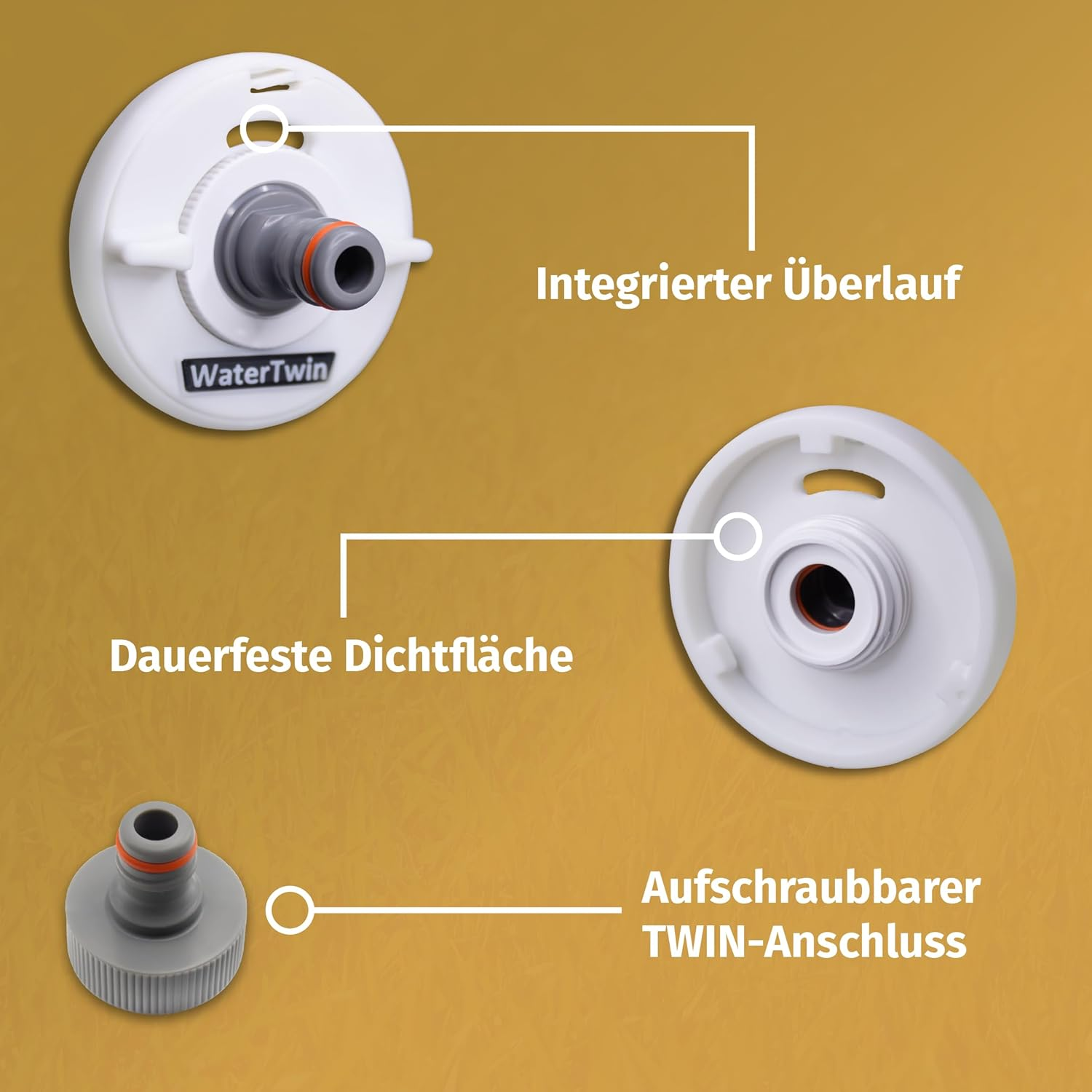 Watertwin Motorhome Caravan Water Tank Adapter, Gardena Compatible, Double Coupling, Overflow Function, Wei&szlig;, Plastic, Round