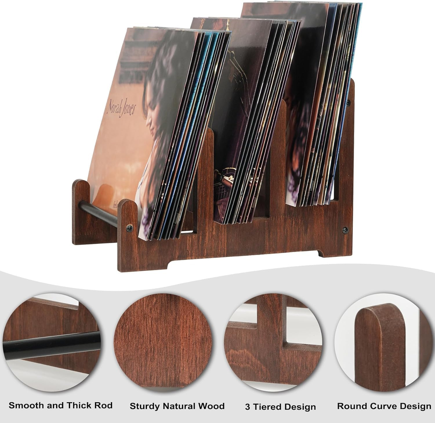 Record Holder - 3-Tier Vinyl Record Storage, Holds up to 60 Albums, Wooden Record Stand, Stylish Display & Organizer for Lps, Album Storage Rack for Collectors image number 5