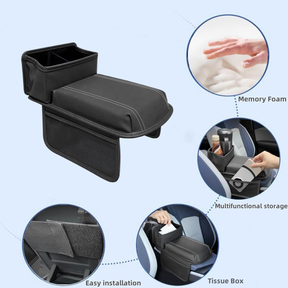 Raksonic Car Center Console Cover Drink Holder Multifunctional Storage Leather Car Armrest Cover Waterproof and Wear Resistant Memory Foam Suitable for Most Cars Black image number 6