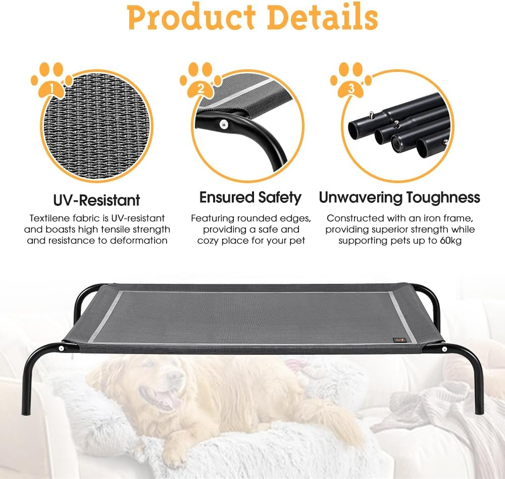 Petzly Cooling Elevated Dog Bed for Small Medium Dogs, Portable Indoor & Outdoor Pet Hammock with Skid-Resistant Feet, Upgraded Frame Dog Cot with Washable Breathable Mesh, Grey, 87X65X20Cm image number 1