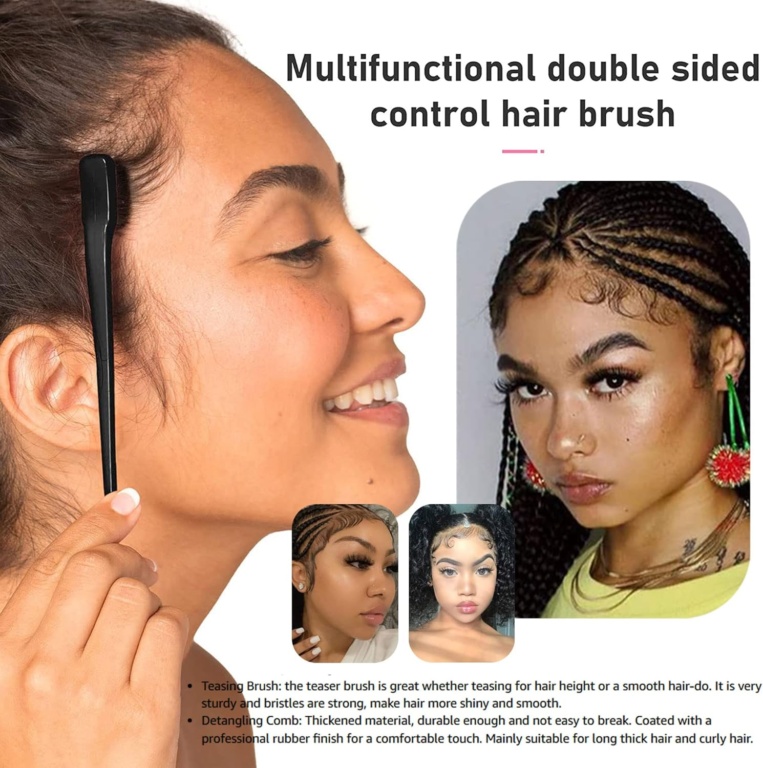 Soft 'N Style Double Sided Edge Control Hair Brush Comb Combo Pack 2 Pieces (Black) image number 5