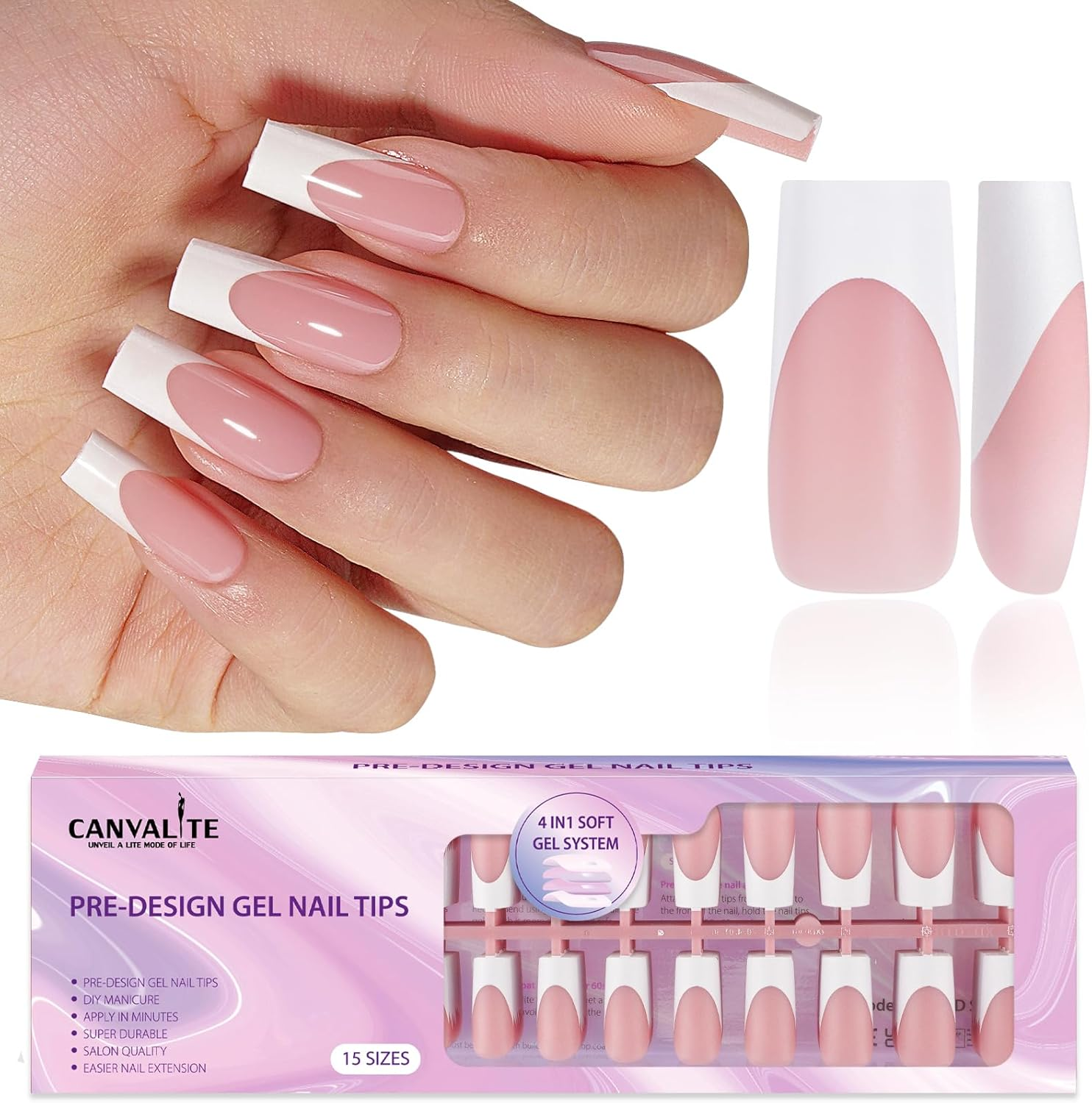 CANVALITE French Tip Press on Nails - 300Pcs Pre-Colored Quick and Easy Press on Nails Long Square Fake Nails with Designs DIY Gel Tips for Nails, Pink White image number 6