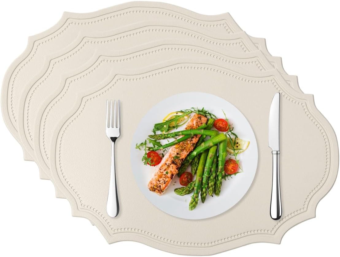 Placemats Set of 4, Faux Leather Table Mats, Heat Resistant Easy to Clean Wipeable Waterproof Washable Outdoor Placemats for Kitchen Dining Table Decorations, 17&rsquo;&rsquo;&times;12&rsquo;&rsquo;, Beige - Beige+Yellow Edges 4 image number 7