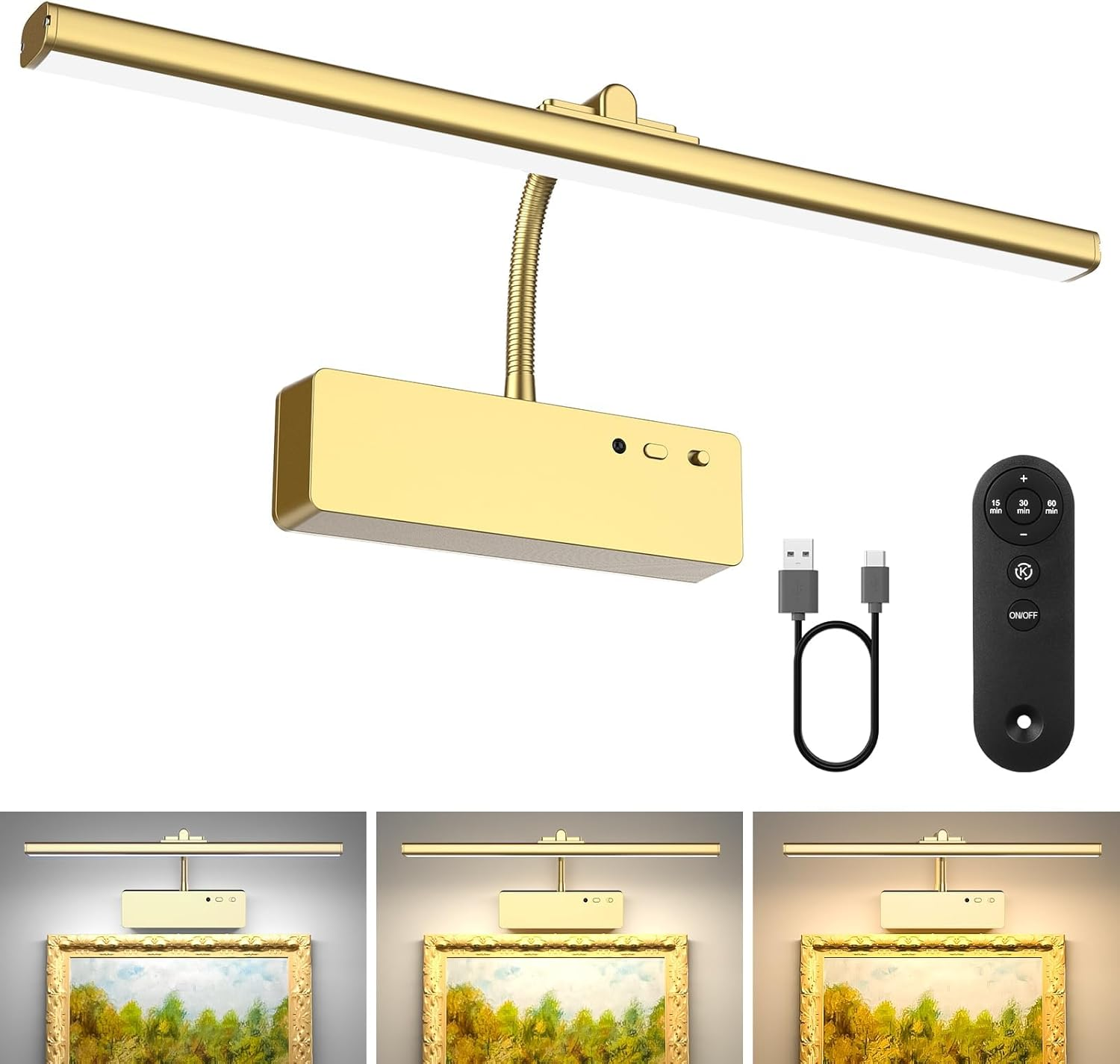 Picture Light,15.35Inch 5400Mah Rechargeable Picture Lights for Wall Battery Operated Wall Lights with Remote,3 Colors Paintings Light Dimmable Art Light for Artwork,Gallery (Gold) image number 3