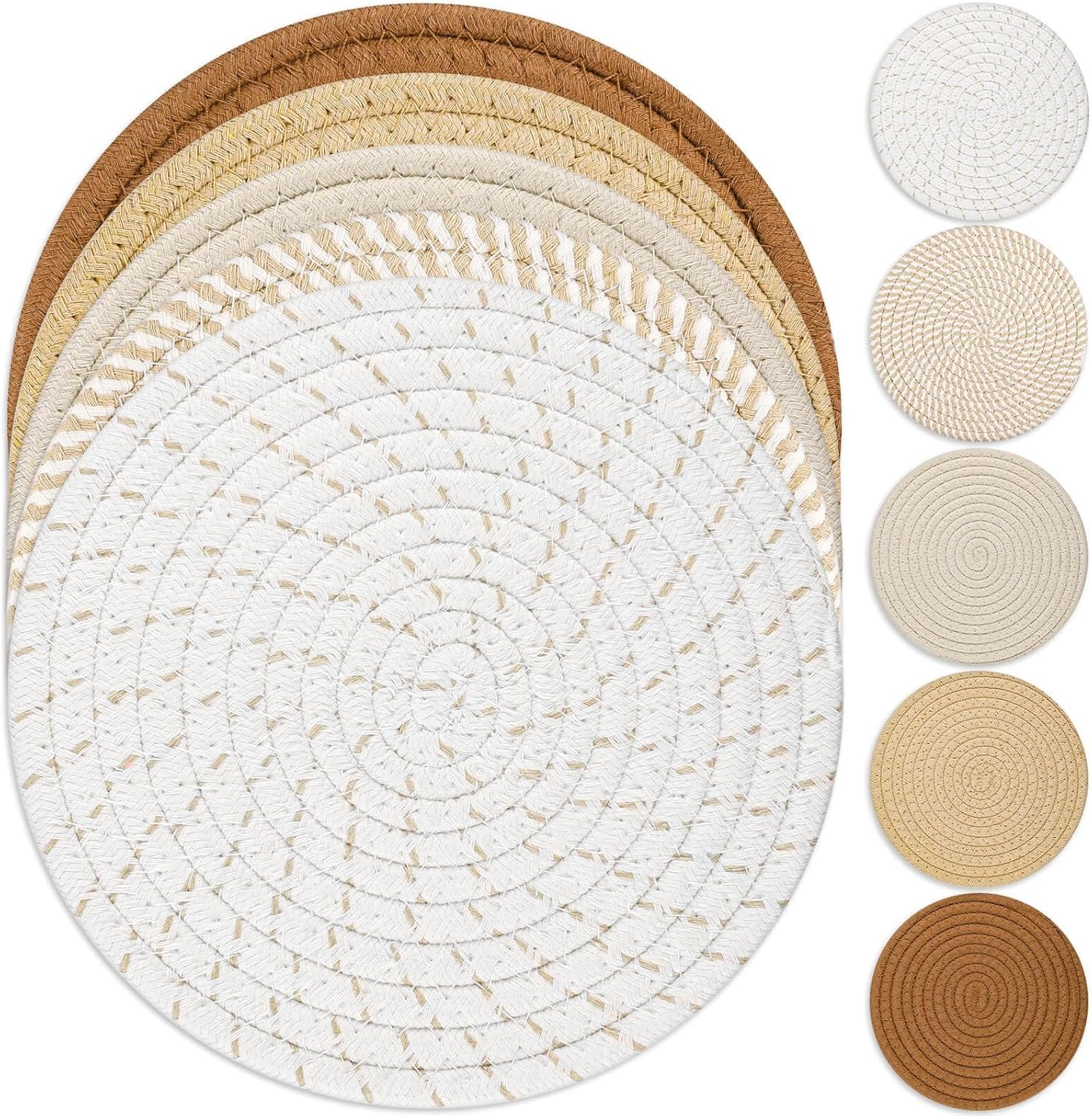 Weave Coaster Trivet Mats Set for Hot Dishes, 5 Heat Resistant Pot Holders for Kitchen, Home Essentials, anti Stain Hot Pads for Hot Pots and Pans, Fall Decorations for Home, 7 Inches image number 5