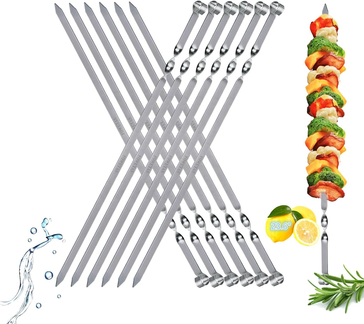 Large Metal Skewers for Grilling,Shish Kebab Skewers 23.6" Skewers for Kabobs Flat Barbecue Skewers Stainless Steel BBQ Grill Stick for Meat, Chicken, Shrimp, Fruit, Vegetables