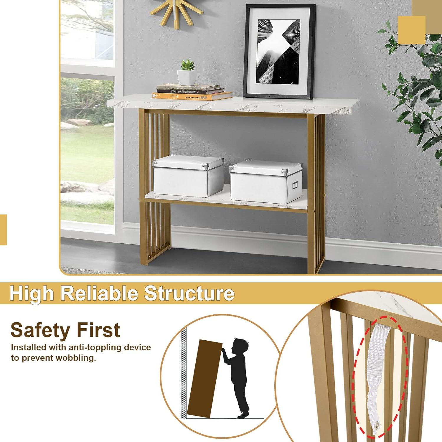 Giantex 2-Tier Console Table 120CM, White Faux Marble Sofa Table W/Open Shelf, Gold Steel Frame, Modern Entryway Table Compact Rectangular Foyer Table (White + Gold) - White + Gold image number 3
