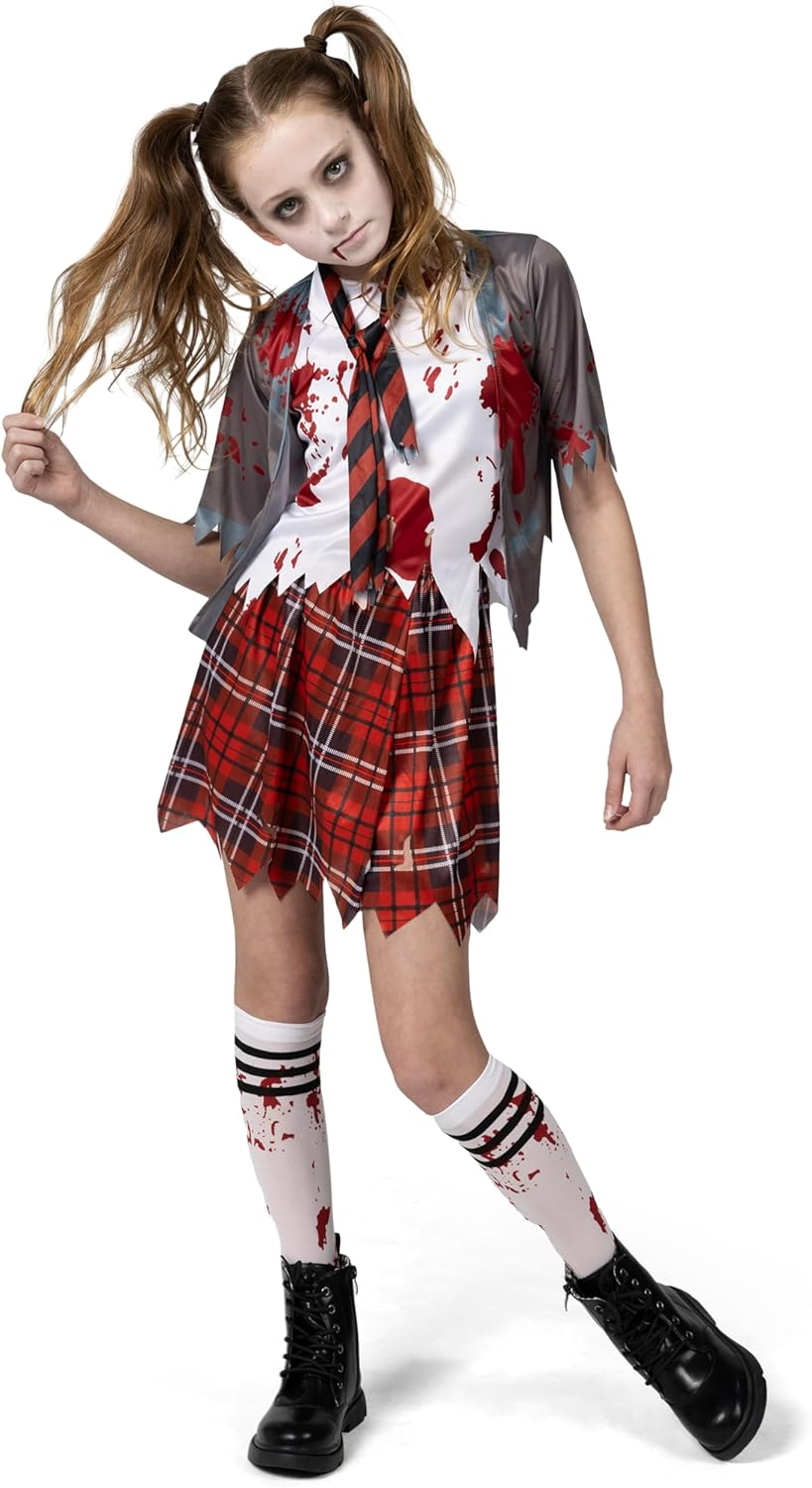 Spooktacular Creations Zombie Schoolgirl Costume, Girl Bloody Zombie Costume for Kids,Halloween, School, Event Party Dress Up image number 3