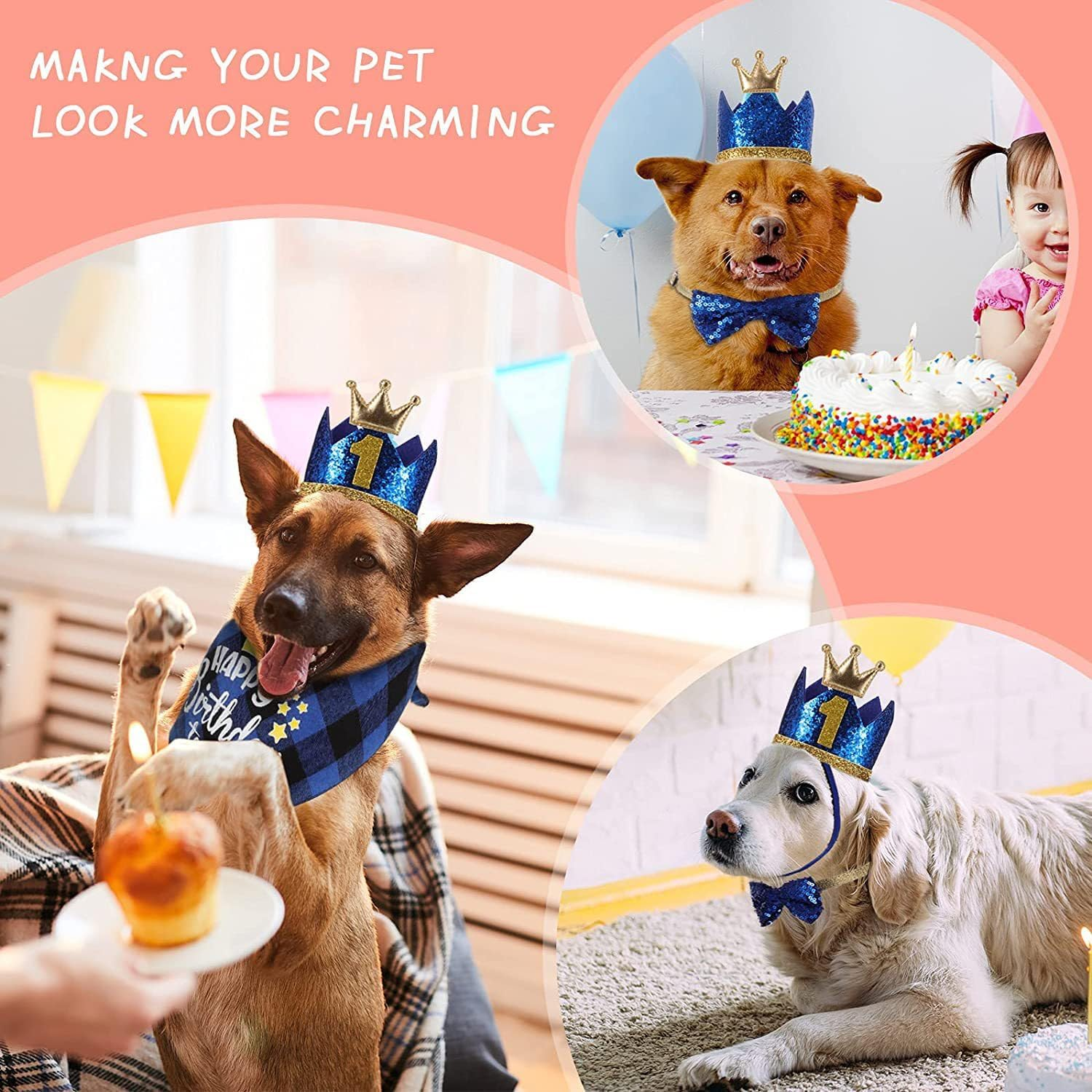 Dog Birthday Party Set, Blue Crown, Bow Tie and Bandana with Numbers, 4 Pieces image number 4