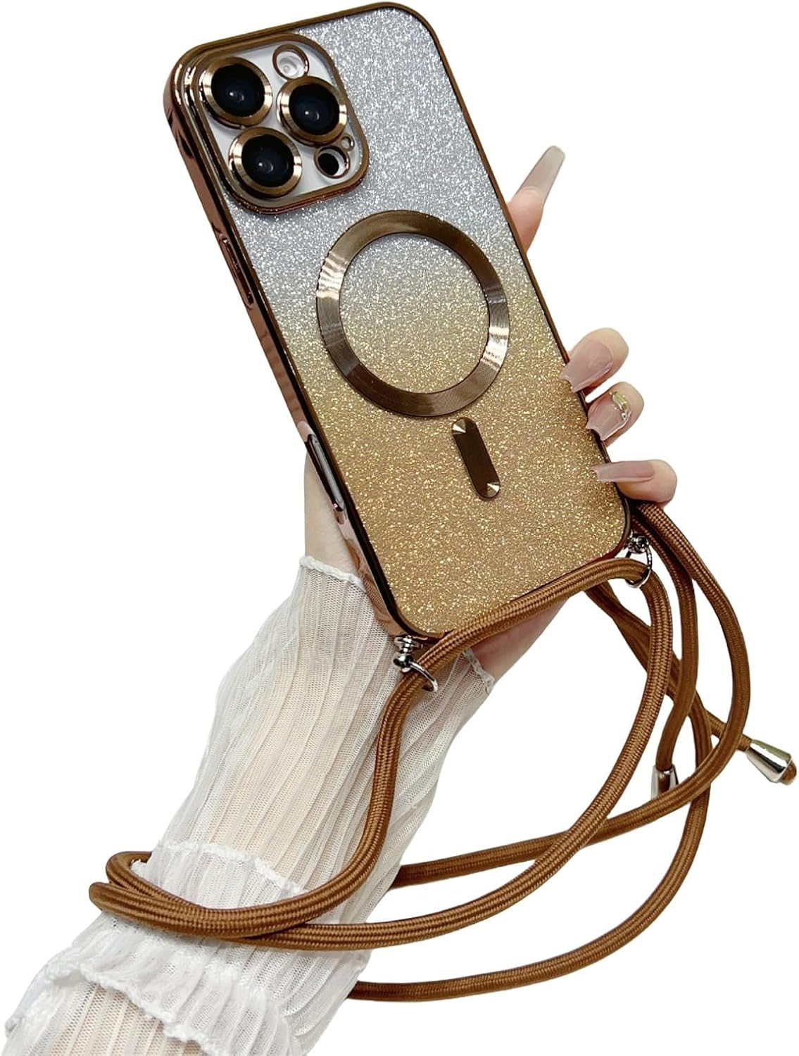 Emlivi Magnetic Mobile Phone Chain Case for Iphone 15 Pro Max, Magnetic Necklace Mobile Phone Case, Glitter, Transparent TPU Case with Cord, Adjustable Lanyard, Protective Case for Iphone 15 Pro Max