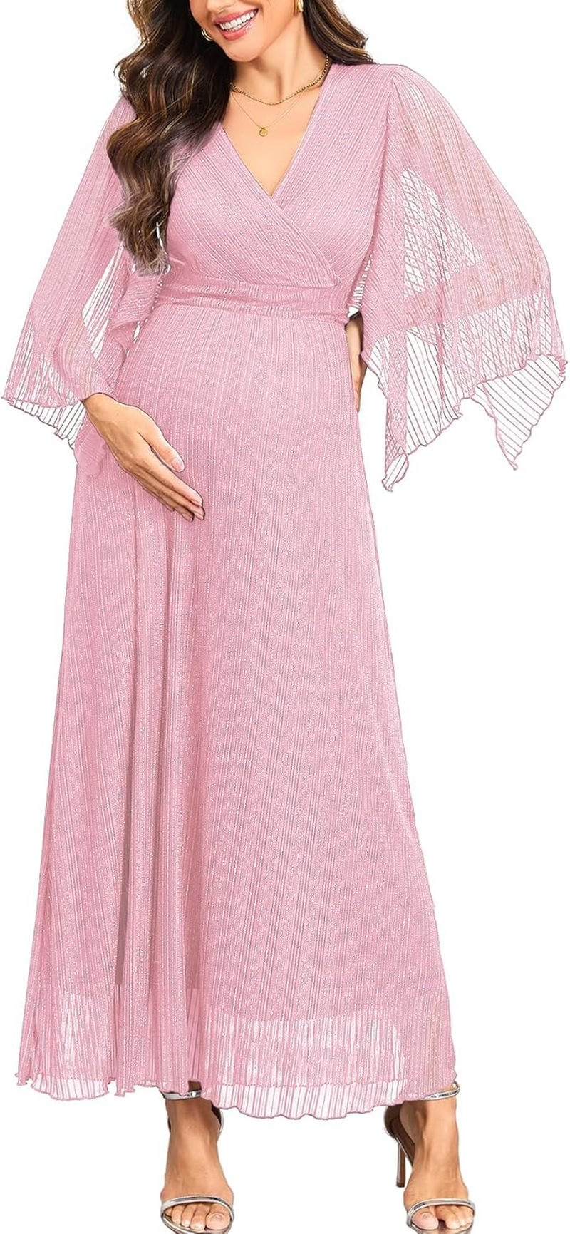 Maternity Sparkly Mesh Maxi Dress Handkerchief Sleeves Wrap V Neck Flowy Pregnancy Dresses Baby Shower Formal image number 2