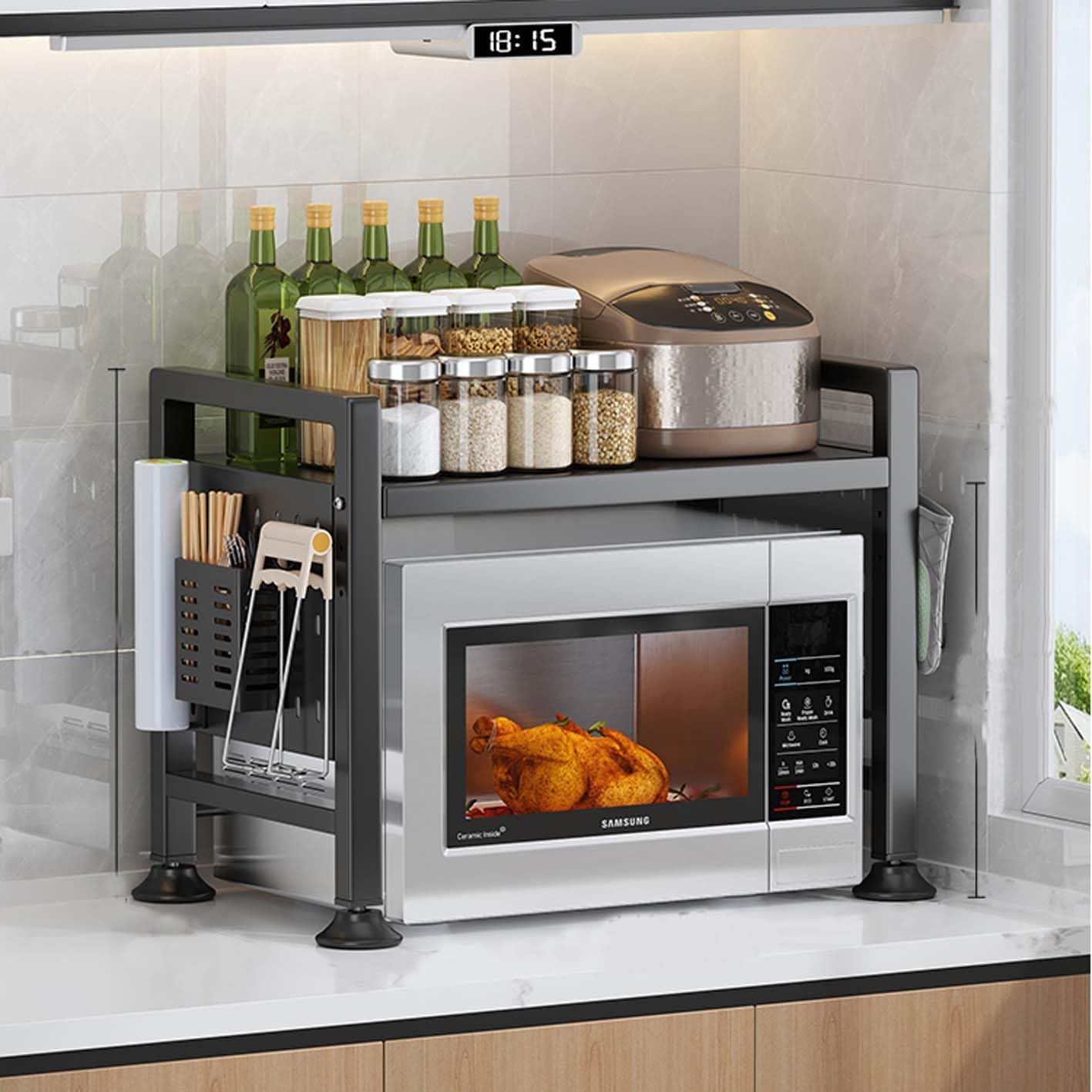 QNA Multifunctional Microwave Shelf, 2 Tier Oven Stand, Kitchen Storage & Organisation, Countertop Organizer with Adjustable Width & Height (Black)