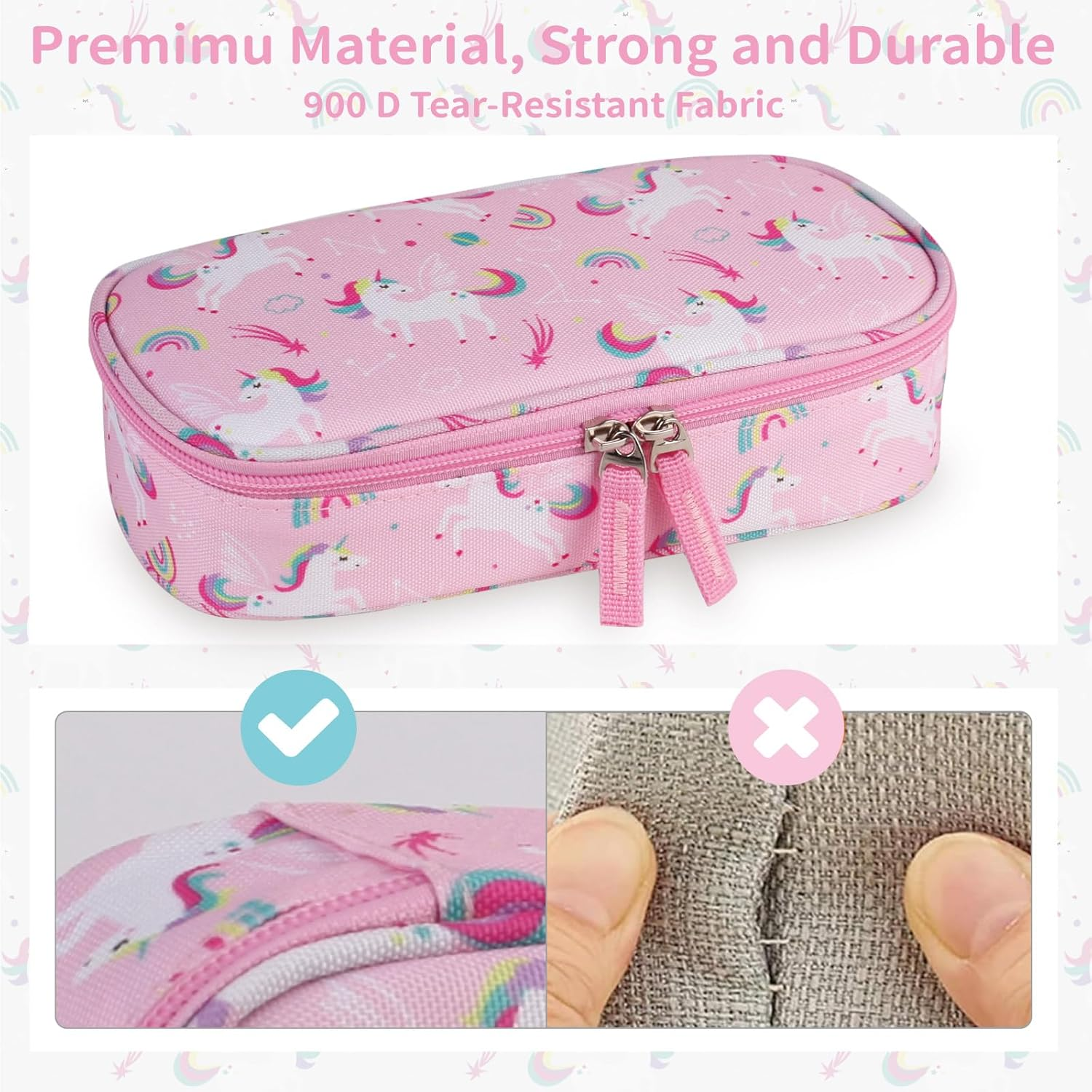 Pencil Case for Girls,Large Capacity Multi-Slot Kids Mark Pouch, Adult Big Pencil Bag with Zipper, Teens Large Storage Pencil Box for School College Middle School Office(Pink,Unicorns)