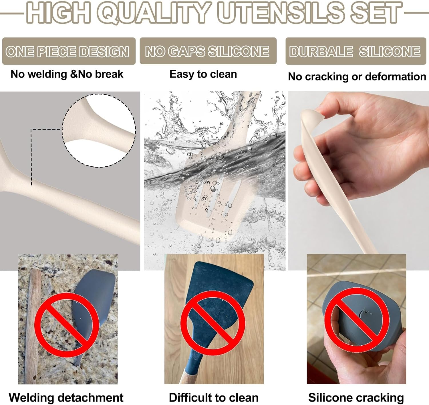 Umite Chef Silicone Kitchen Cooking Utensils Set, 22Pcs Heat Resistant Kitchen Utensils, Spatula, Spoon, Whisk, Dishwasher Safe Kitchen Utensil Gadgets Tools Set for Nonstick Cookware(Khaki)