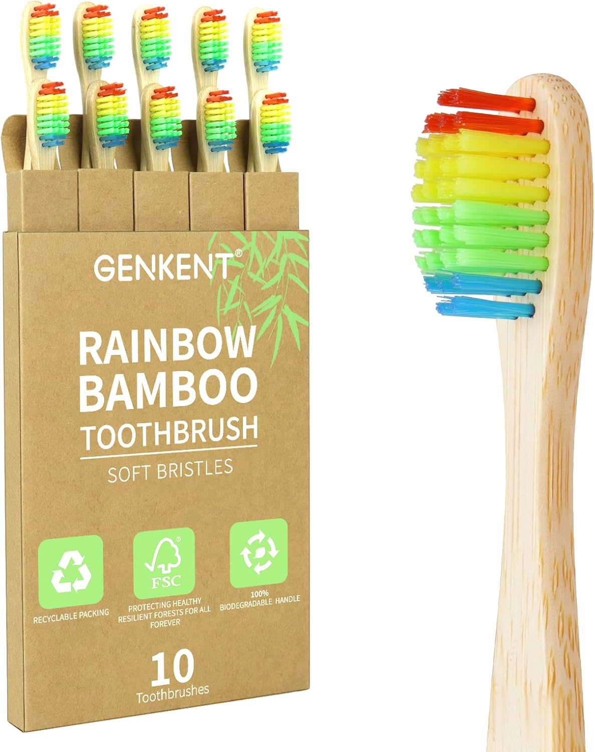 GENKENT Natural Bamboo Toothbrush Made with Rainbow Nylon Infused Bristles (10 Counts) image number 5