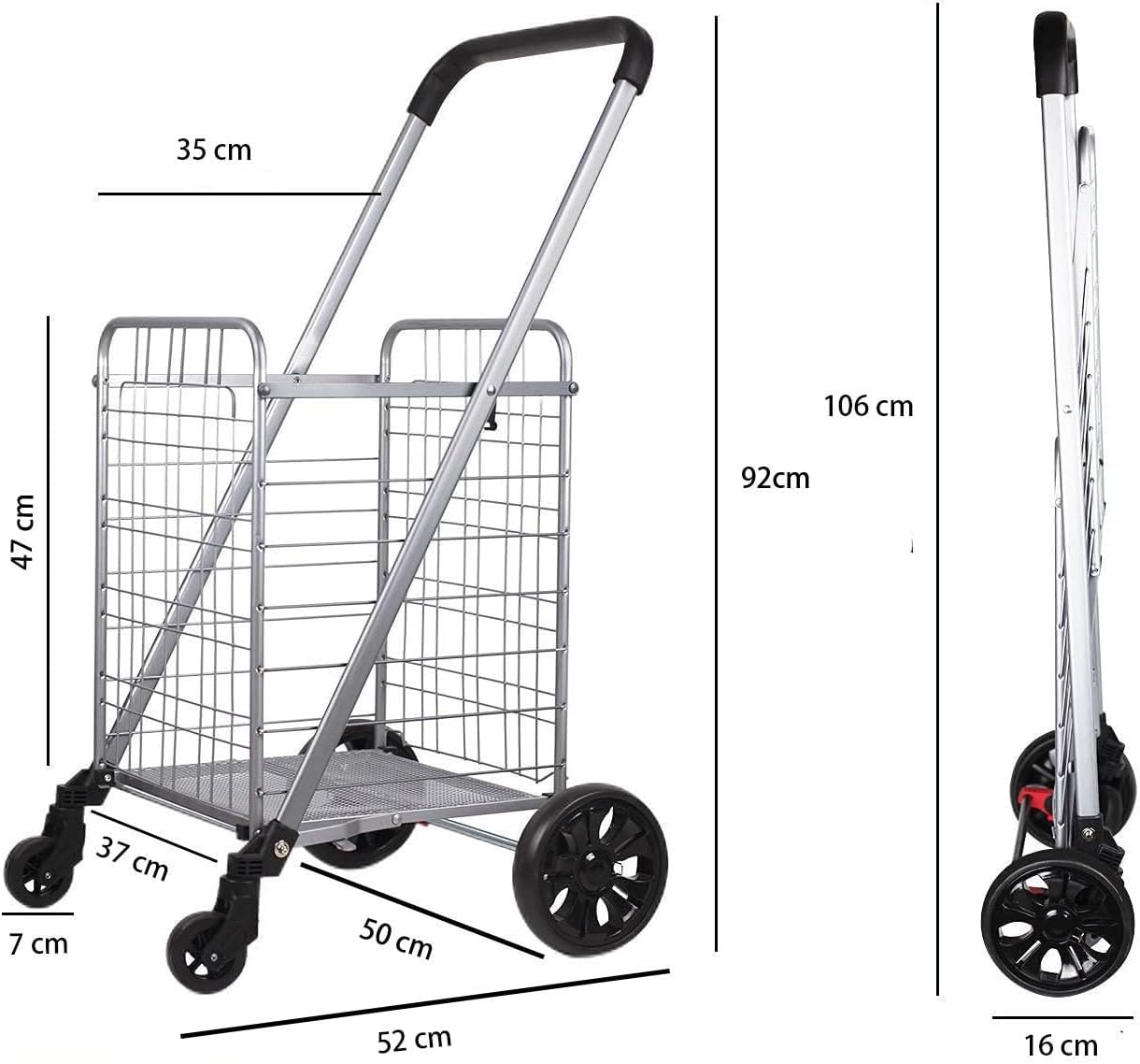 Shopping Cart on Wheels, Folding Utility Shopping Trolley with Wide Cushion Handle, Mesh Bottom,And Brake System (Sliver Colour Medium Size) image number 6