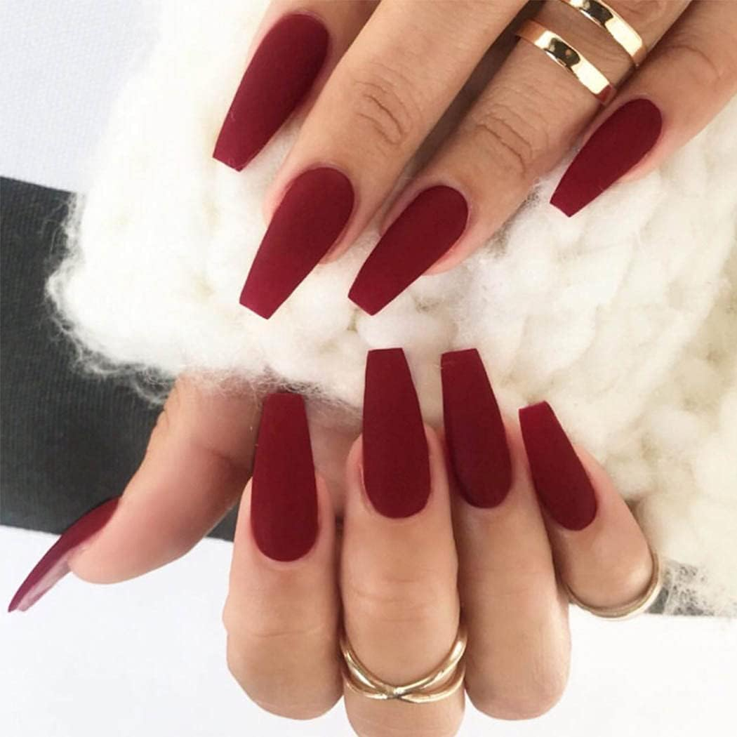 Matte Super Long False Nails Coffin Ballerina Extra Long Press on Nails Acrylic Fake Nails Acrylic Full Cover Nails 24Pcs (Wine Red) - Red image number 5