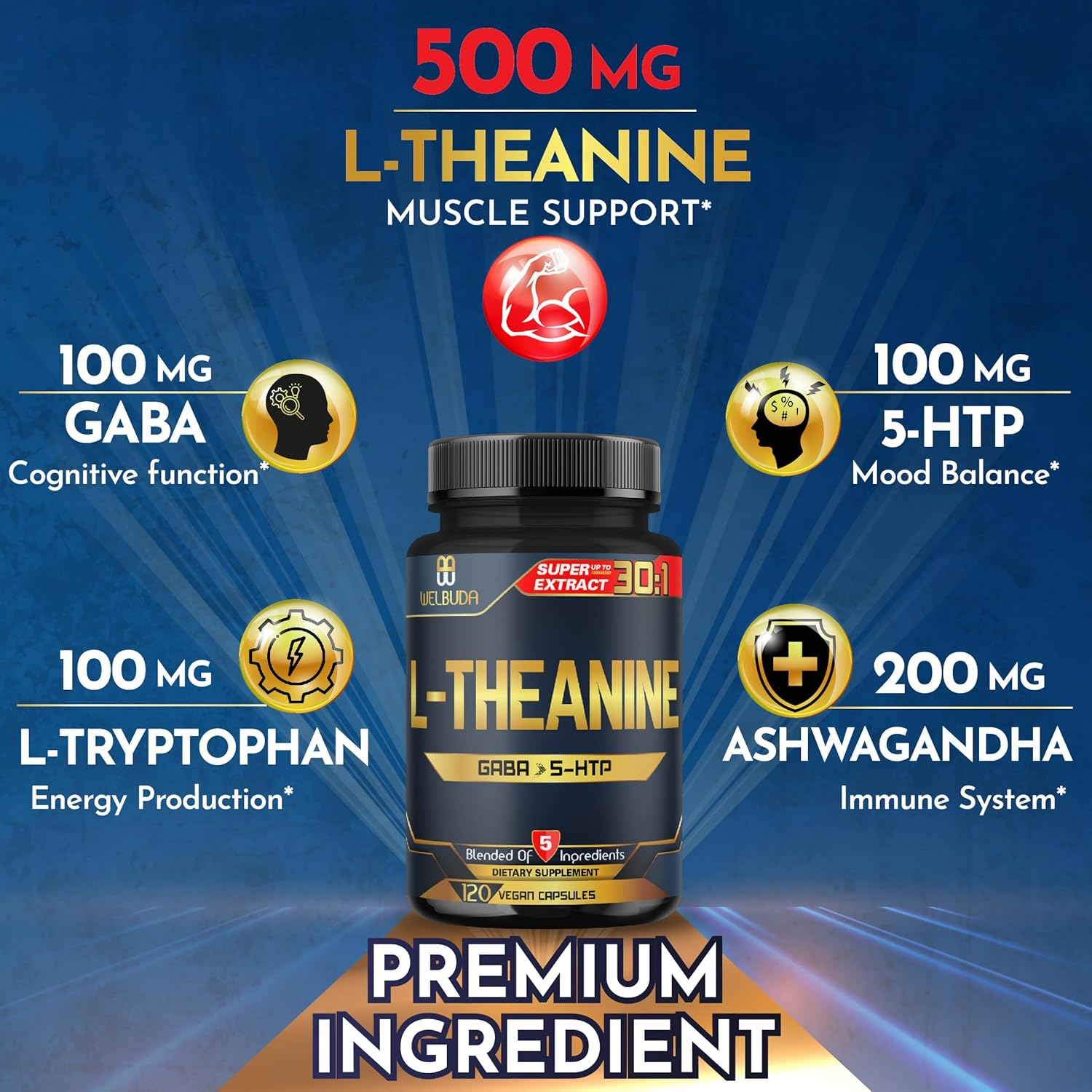 L-Theanine Supplement Added Ashwagandha, GABA, 5 HTP, L Tryptophan - 120 Capsules