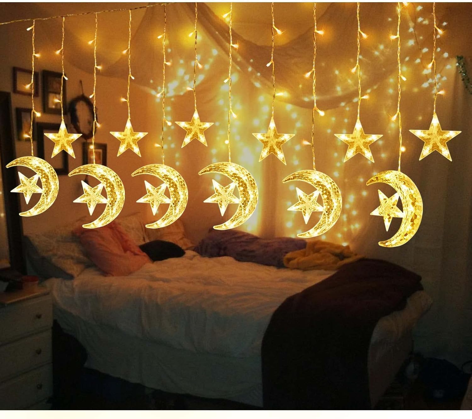 Ramadan Decorations for Home, 138 LED Upgraded Extra Large Star Moon Curtain Lights for Kids Bedroom Decor, Battery & USB Powered LED Fairy Lights for Ramadan Window Wedding Christmas Decor image number 1