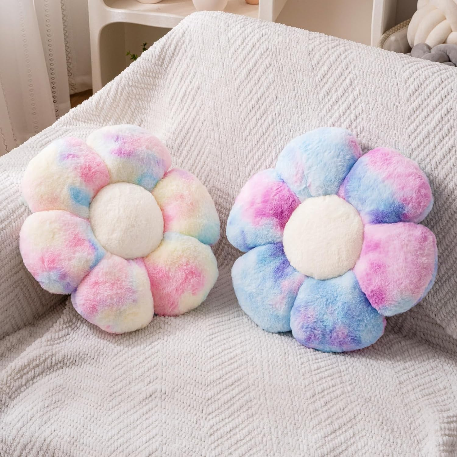 2 Pcs Flower Pillow Cute Pink Throw Pillows Daisy Flower Shaped Floor Cushions Set, Preppy Decorative Throw Pillows for Girls Bed Bedroom Couch Decor (Multicolour Purple & Multicolour Pink)