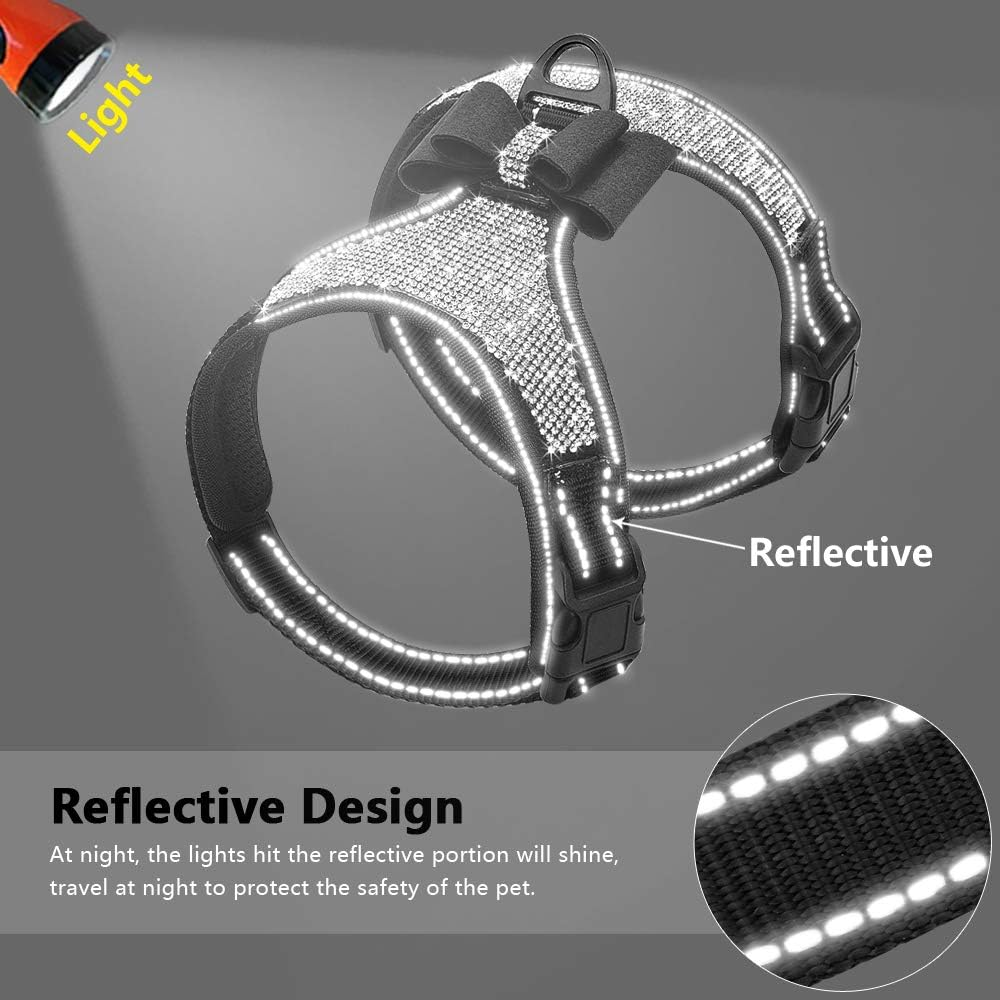 Beirui Rhinestone Dog Harness - No Pull Reflective Bling Nylon Dog Vest with Sparkly Bow Tie for Small Medium Large Dogs Walking Party Wedding,Black,S image number 2