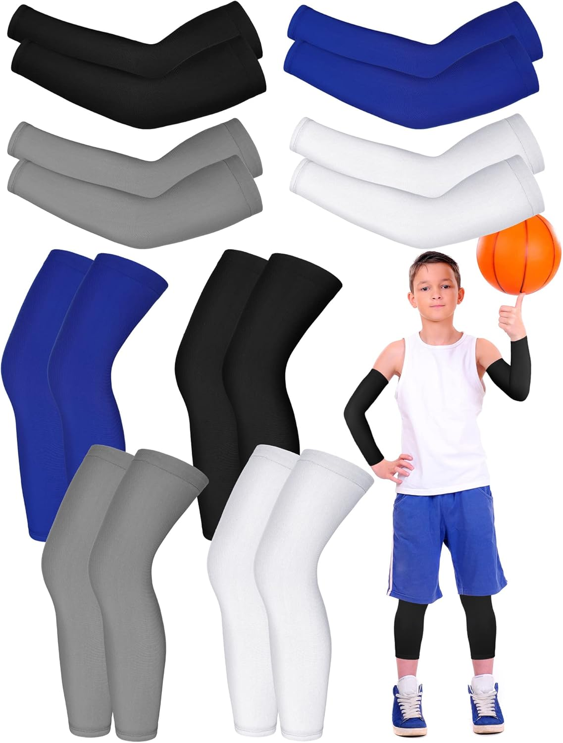 8 Pairs Kids Arm Sleeves and Basketball Leg Sleeves Set Non Slip Long Compression Leg Sleeves for Boys Girls Youth