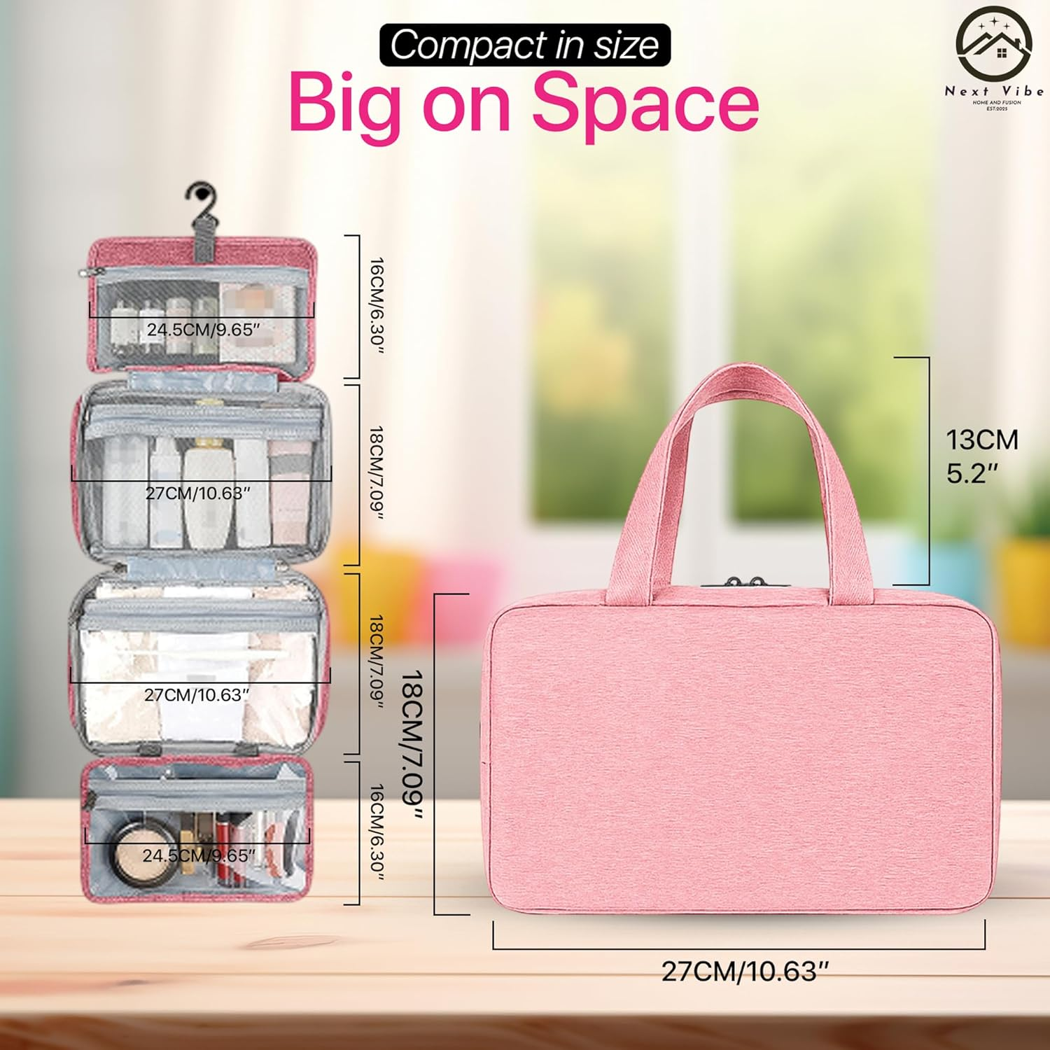 Toiletry Bag for Women in Pink &ndash; Large Travel Makeup Bag with Hanging Hook & Handle, Water-Resistant Organizer for Toiletries & Cosmetics Compact Multi-Pocket Storage Ideal for Travel & Daily Use image number 2