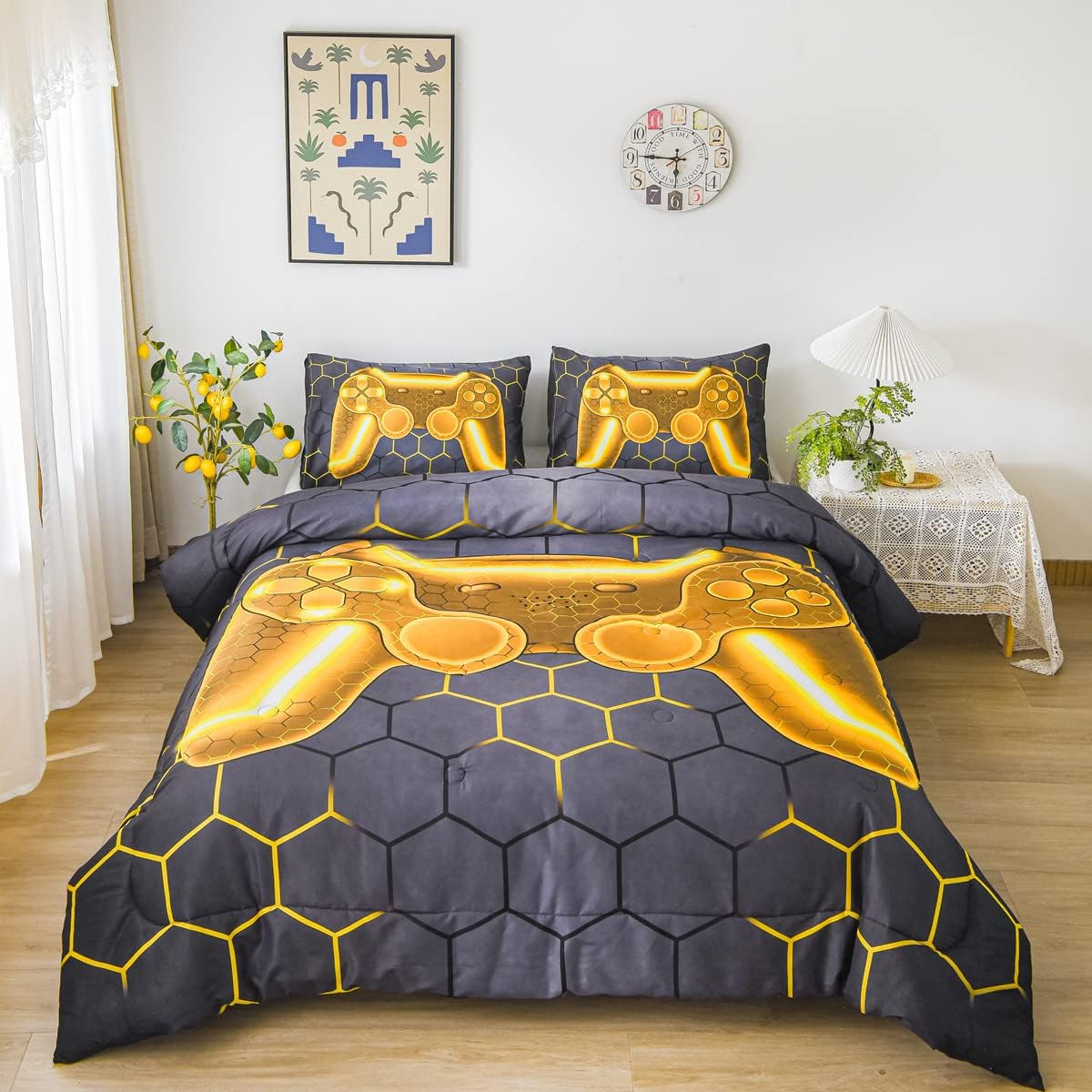 NTBED Game Console Comforter Set for Boys Girls Kids 3D Gaming Geometric Lightweight Microfiber Bedding Sets (Blue, Queen)