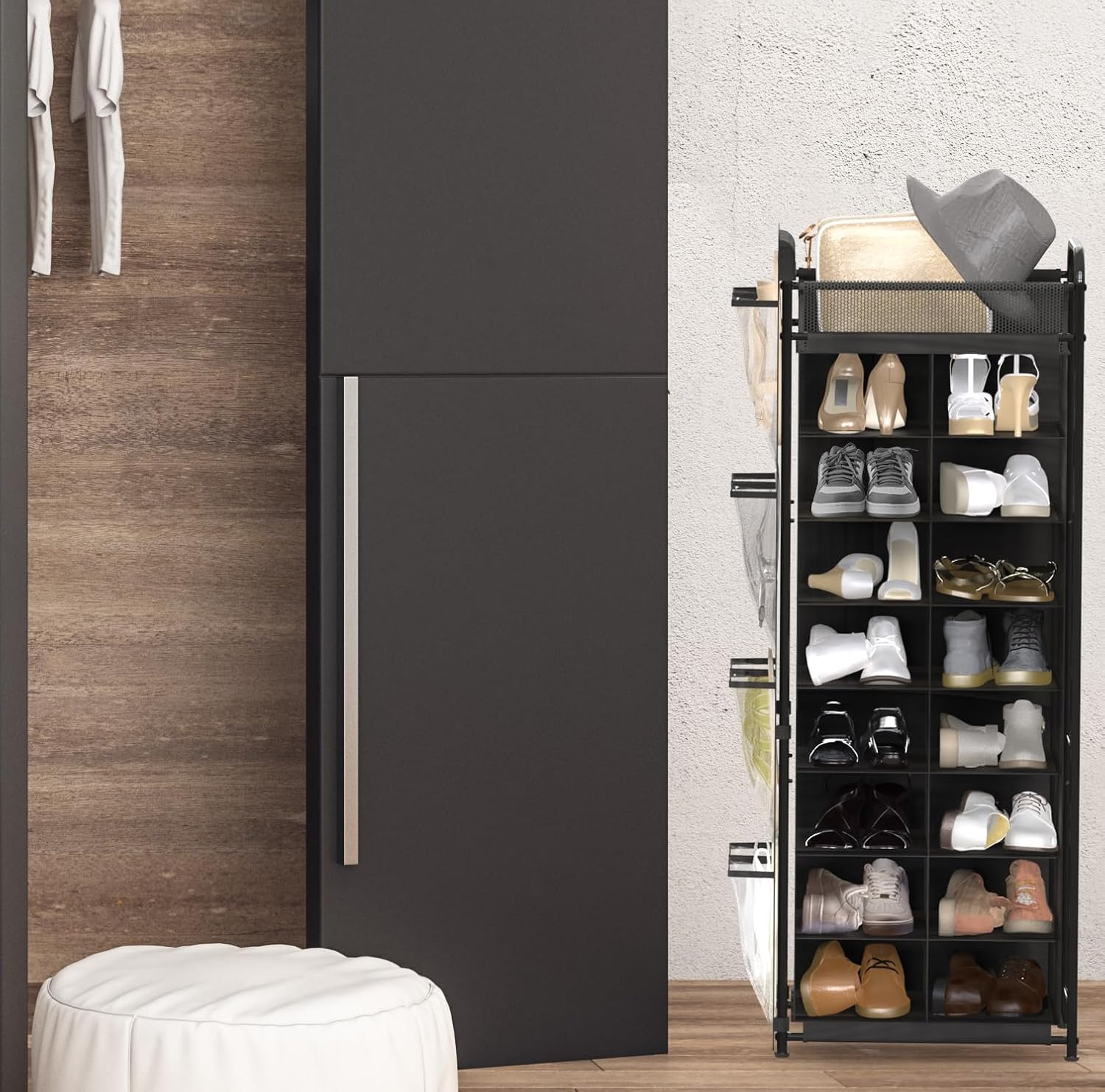 Simple Houseware 8 Tier Shoe Rack, 16 Cube with Top Shelf and Side Hanging Bag, Black image number 1