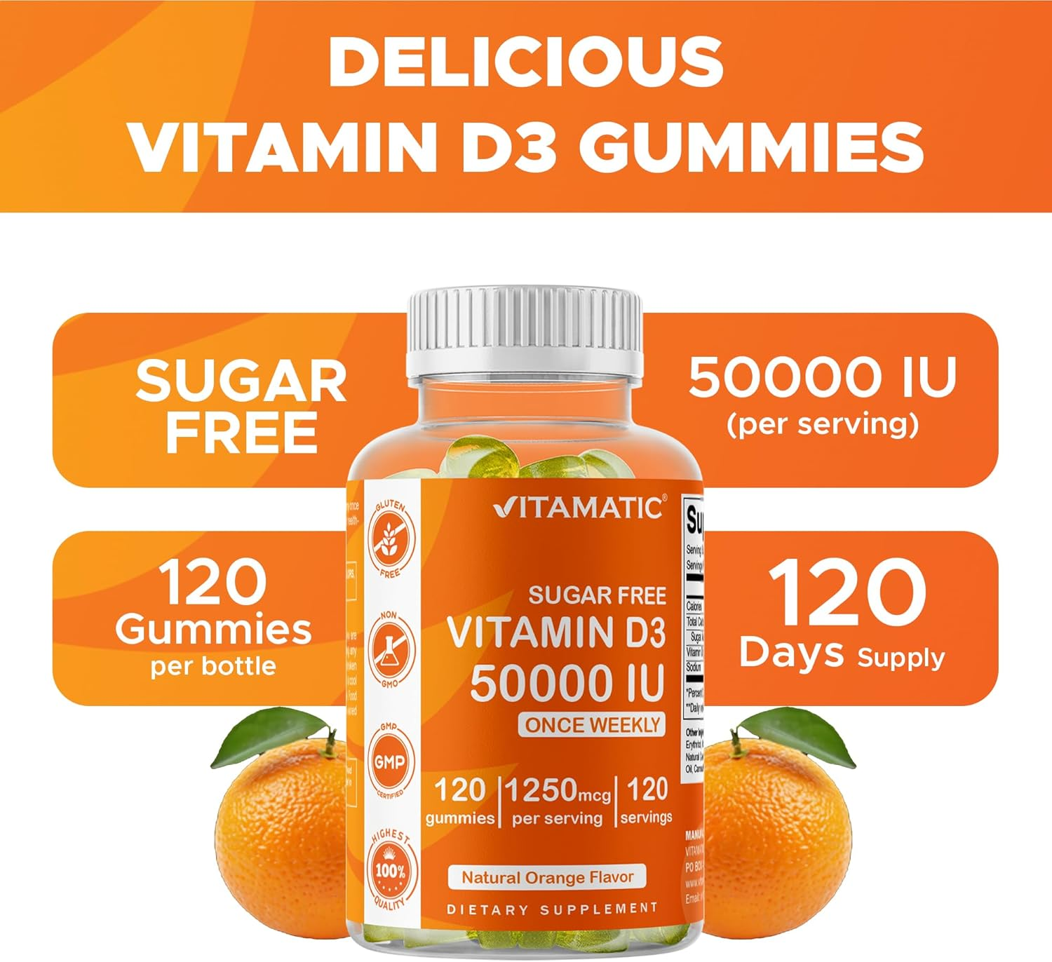 Vitamatic Sugar Free Vitamin D3 Gummies, 50,000 IU Weekly, 120 Pectin Based, for Bones, Teeth and Immune Support image number 1